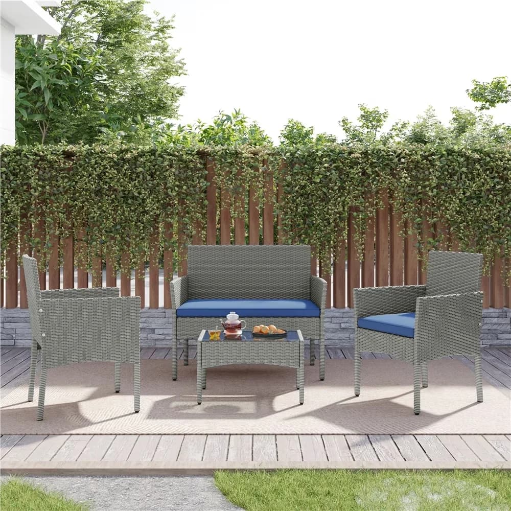 Quality Patio Conversation Set with Weatherproof, Color: Gray/Dark Blue, Gray/Dark Blue - Iron, Pe, 180G Polyester, Foam, Tempered... Model 294EDF
