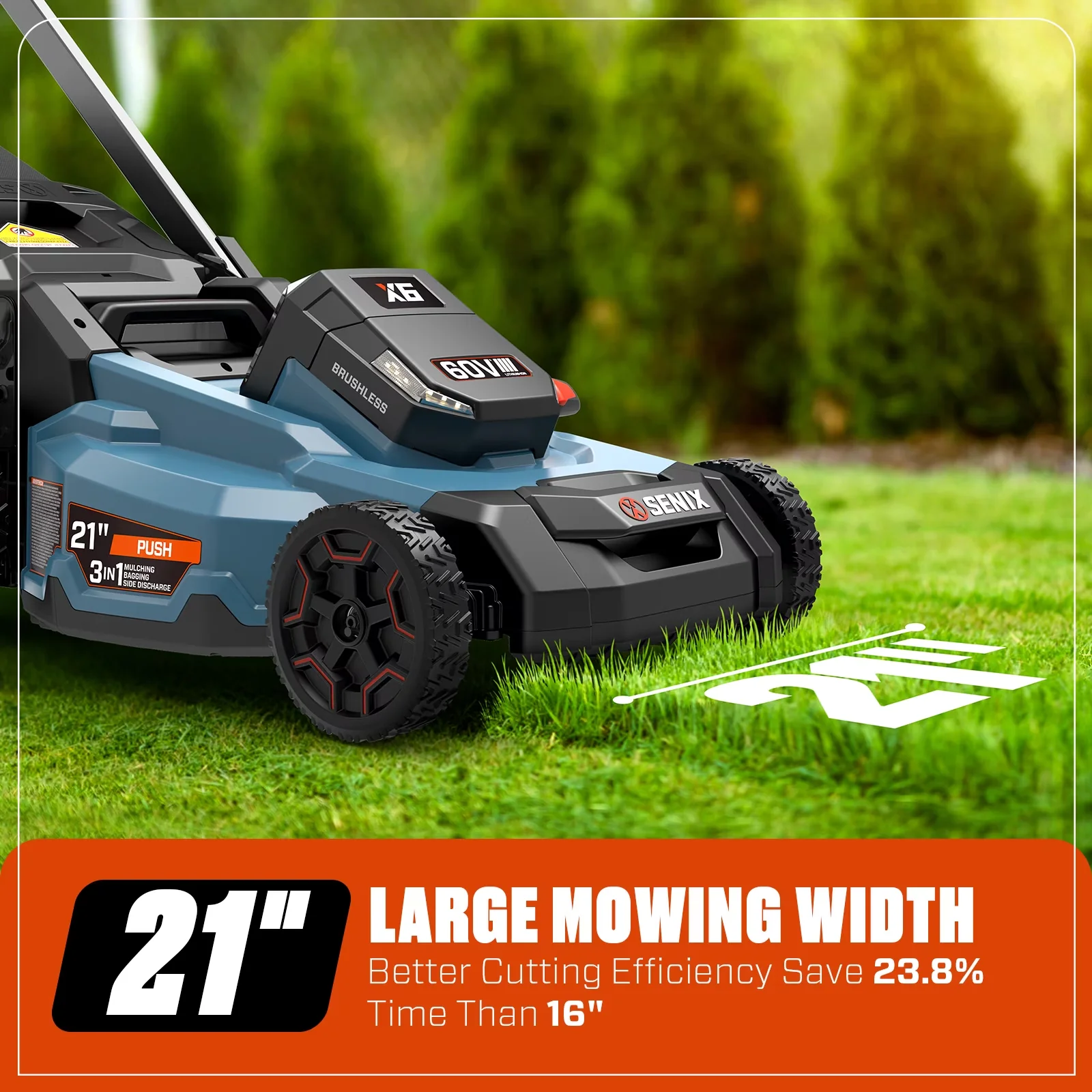 Professional Push Mower with Battery, LED, 60V 21" Cordless Lawn - Ergonomic Design Model 40ED3E