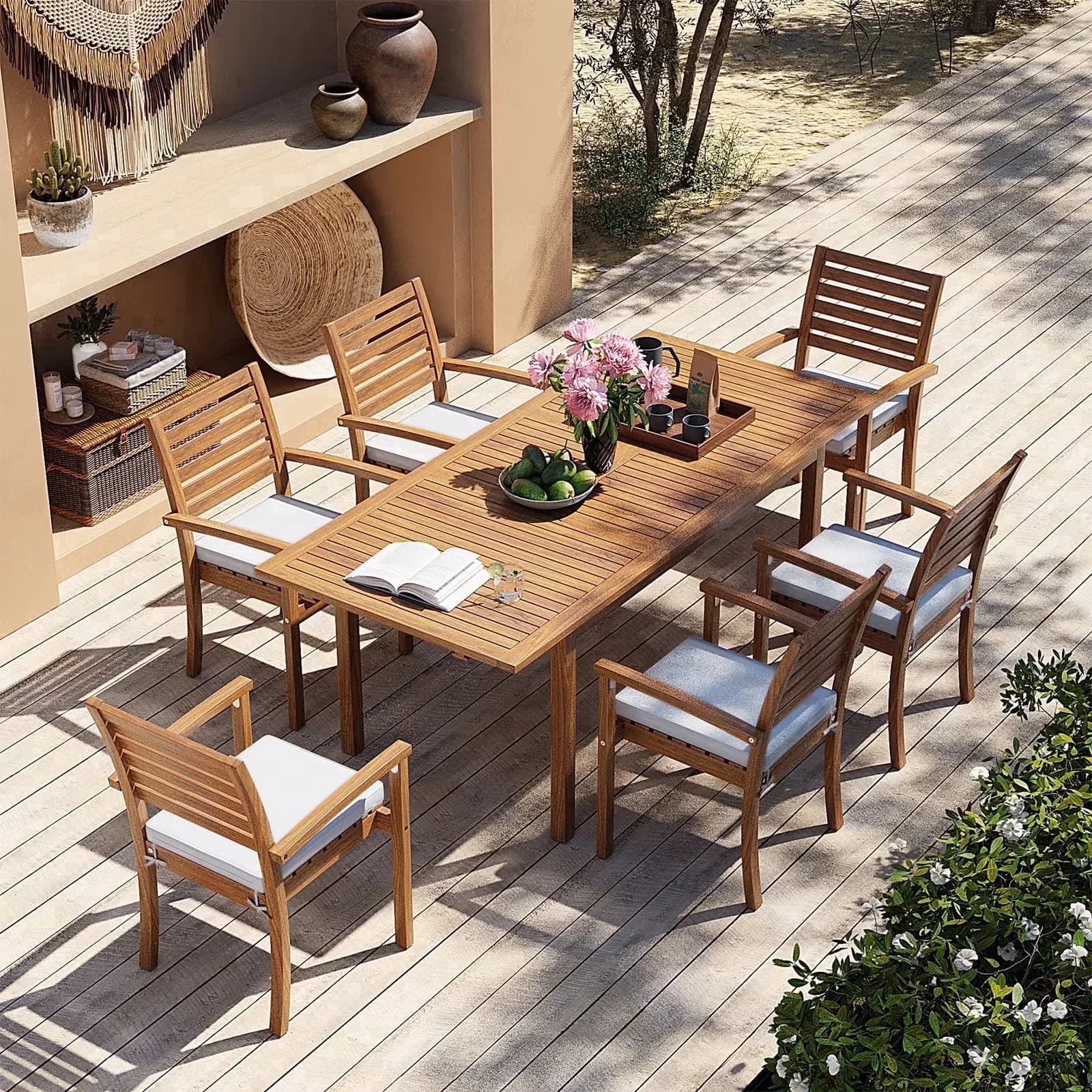 Modern Patio Dining Set with Storage, FSC Certified, Removeable Fabric Cushion - Acacia Wood & Fabric White & Wood Model E8BEE7