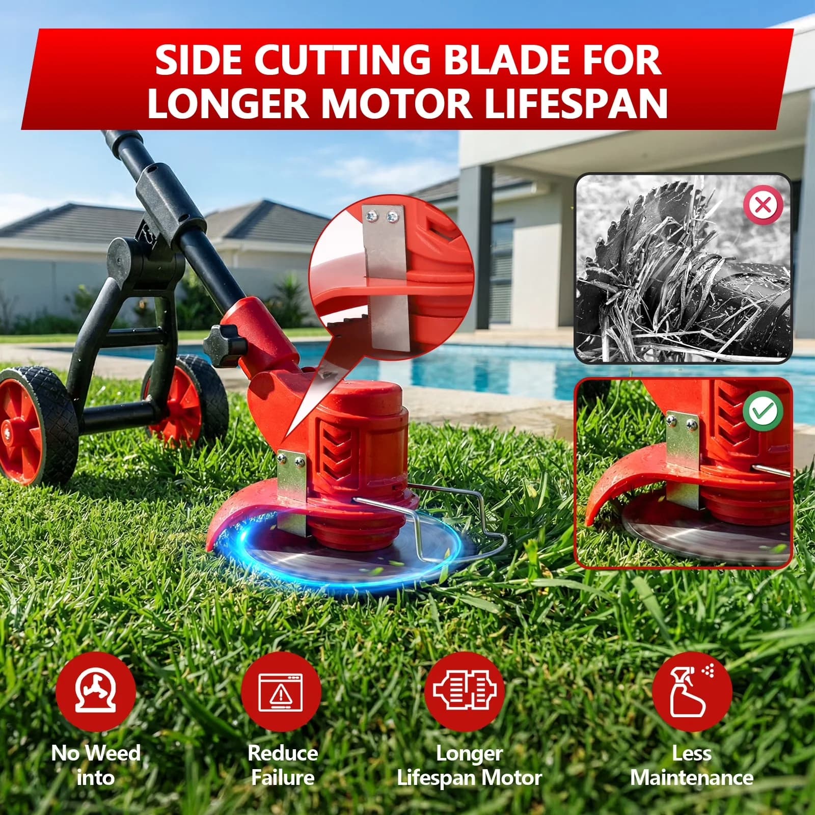 Premium String Trimmer with Battery, Brushless, Metal Wheels - Red for Garden Model 34F83F