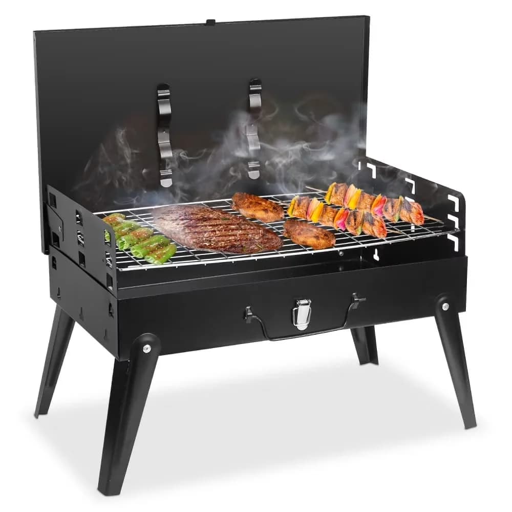 Charcoal Grill Stylish with Foldable, 16.7" Folding BBQ, Fork and Spatula - Black Iron, Chrome And Processing Electrophoresis Surface Model 2DDF50