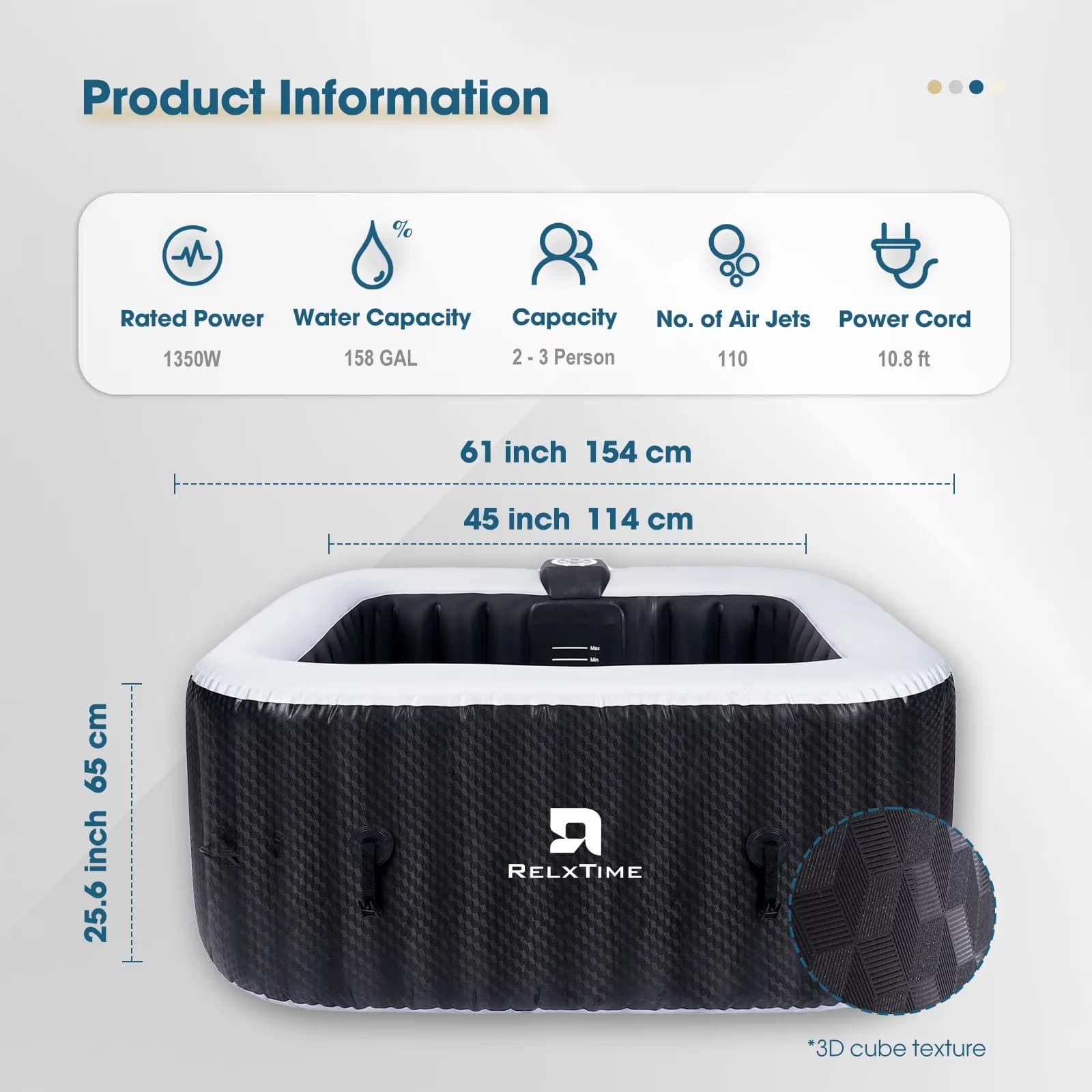 Quality Hot Tub with Inflatable, 120 Massage Jets - 2-3 - Modern Design Model BFD40D