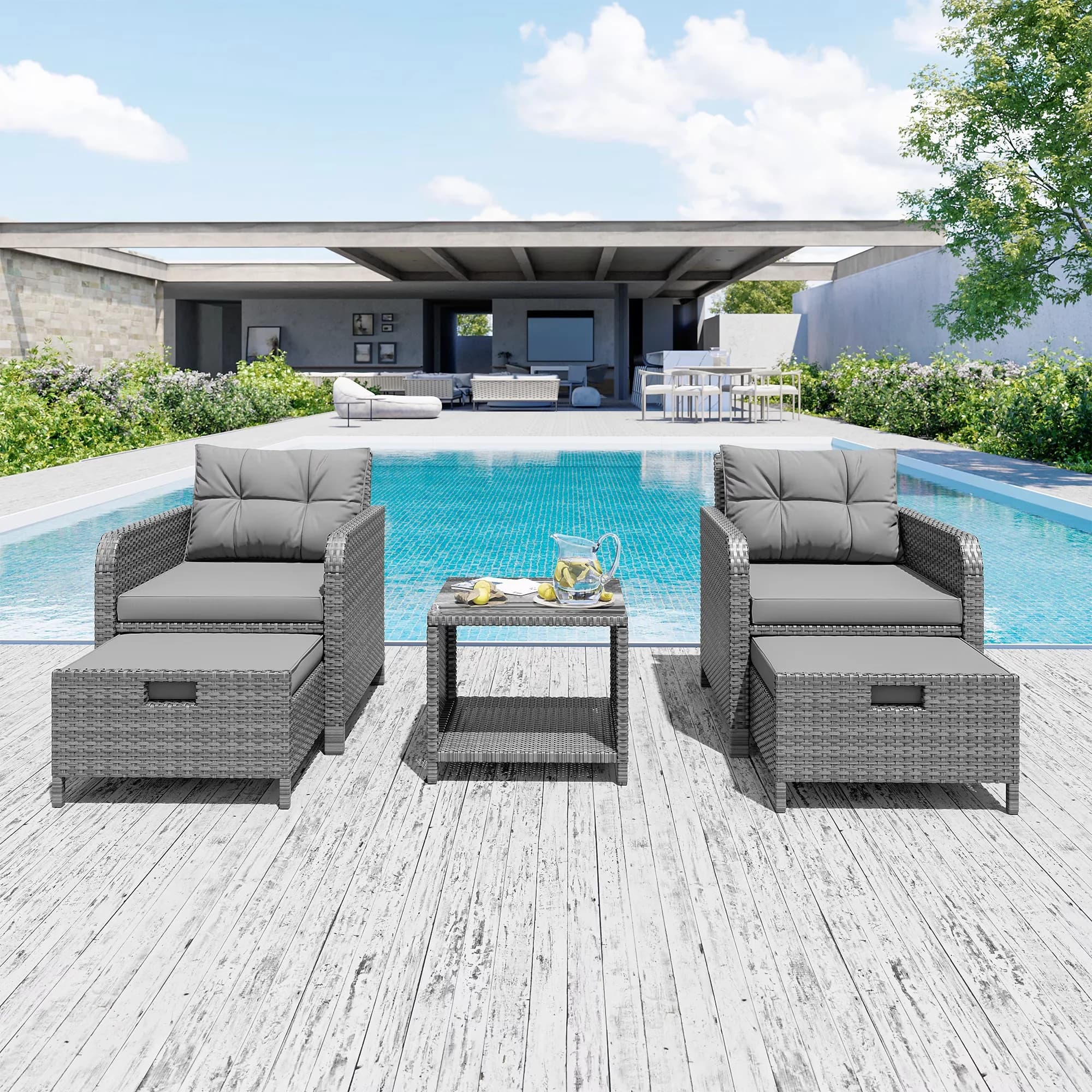 Modern Patio Conversation Set with Storage, 5-Piece, PE Wicker Rattan Outdoor Lounge Chairs - Pe Rattan Gray Model 2878F8