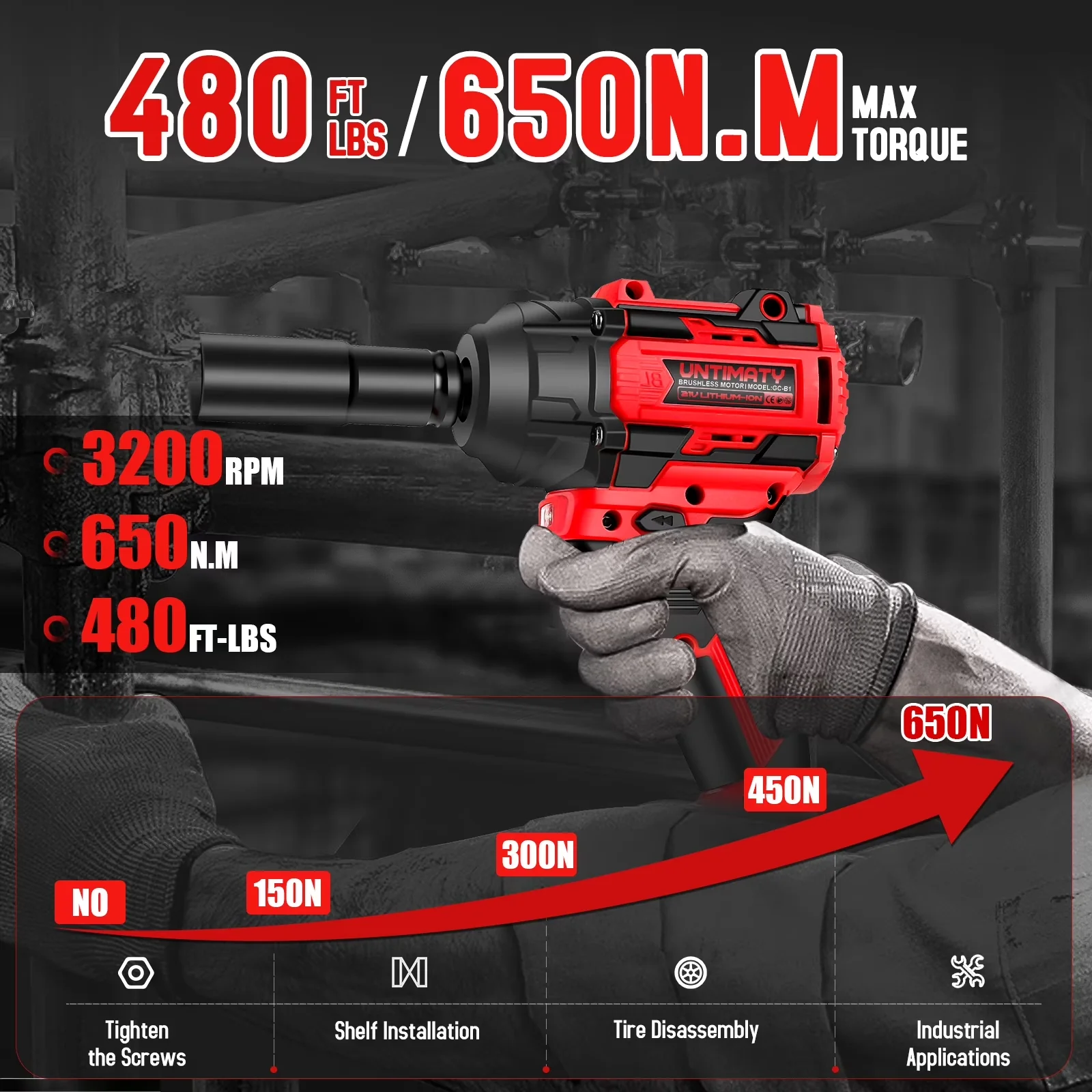 Compact Air Tools Compressor with Battery, Variable Speed, Upgraded Brushless Impact Wrench 650Nm - Red Model 31A05F