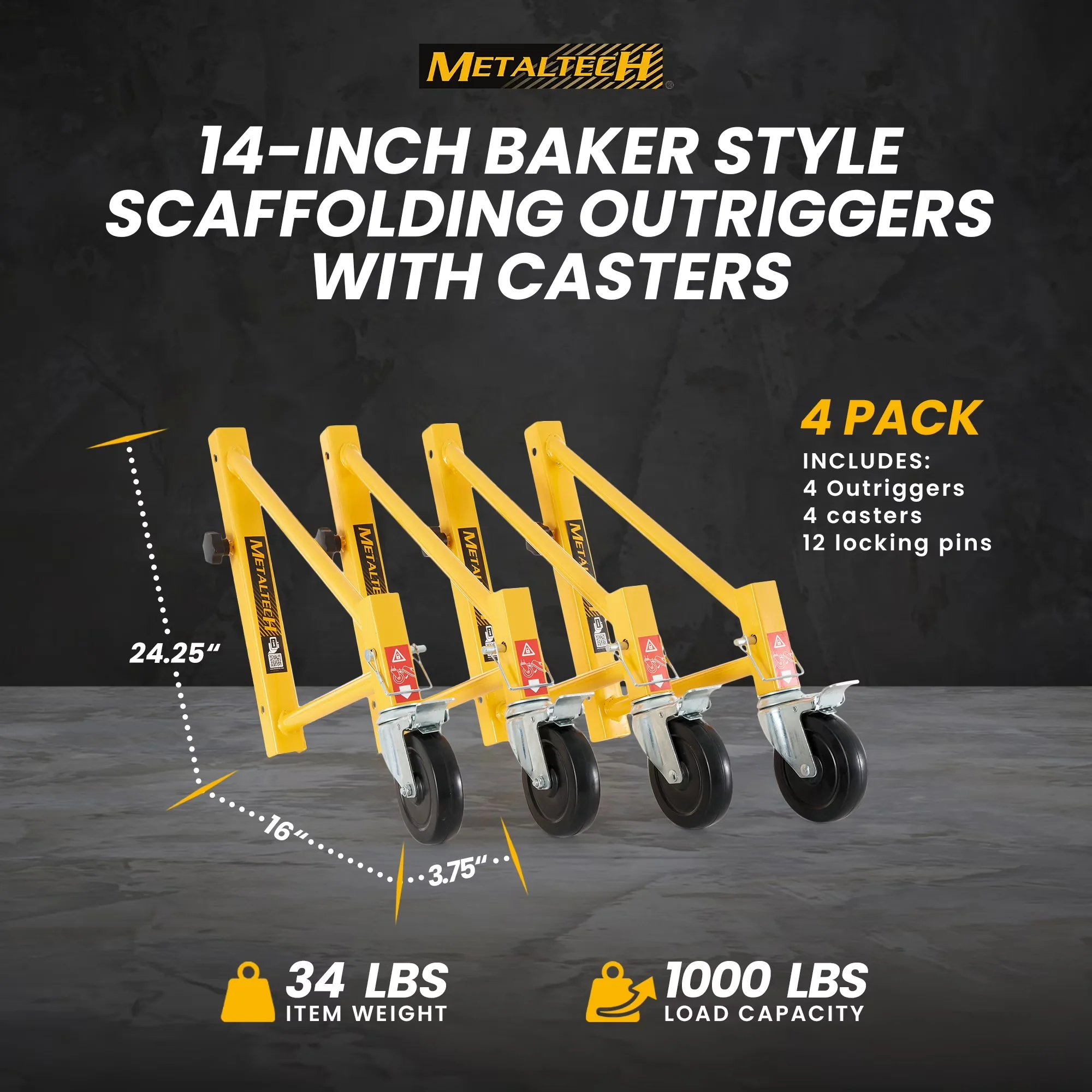 Building Material Versatile with Caster Wheels, 4 Pack, Baker Scaffold Adjustable Outriggers - Yellow Metal Model 223B0A