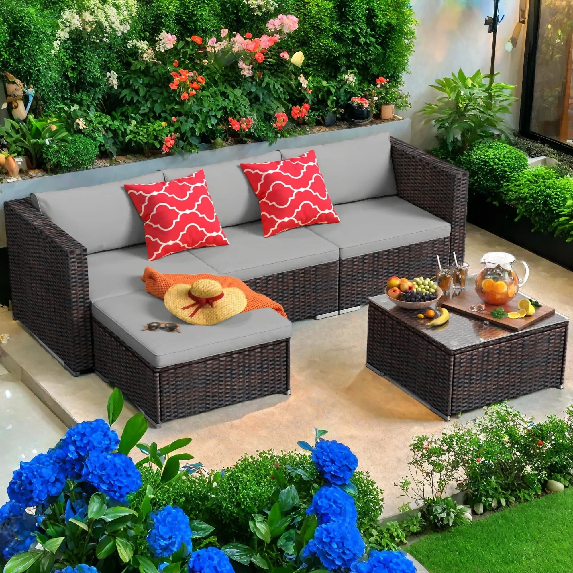 Patio Conversation Set Sleek with Reclining, 5 Pieces Outdoor - Rattan,Metal,Tempered Glass Model C23704