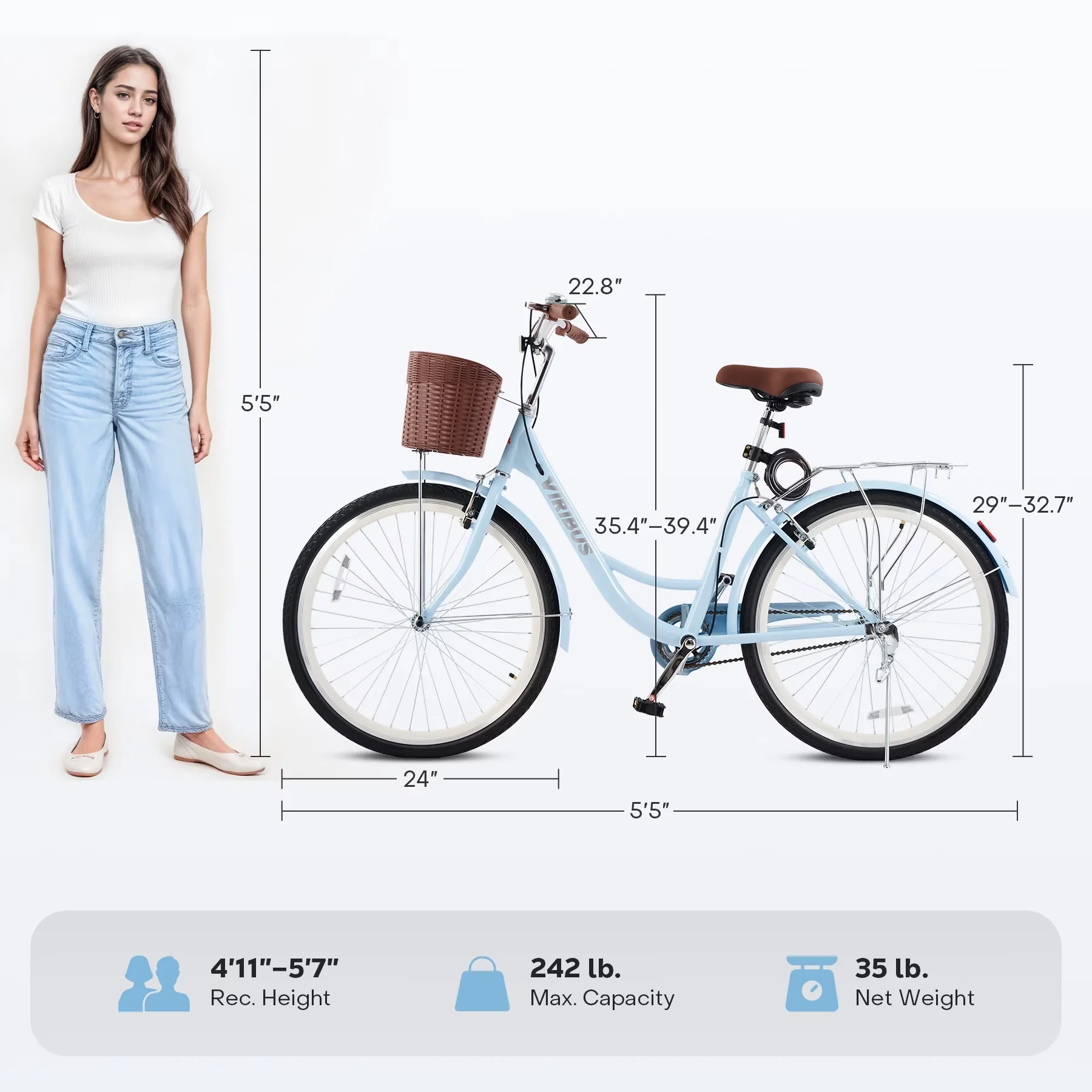 Premium Cruiser Bike with Adjustable Height, 24" City Bicycle - Blue-A Model 16DA55