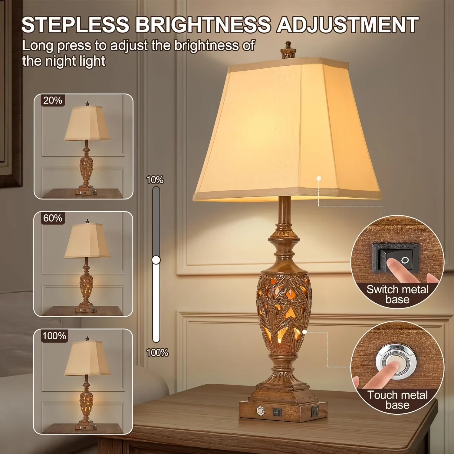 Compact Lamp Set with LED, Retro Bedside, of 2 29.5"H Touch Traditional Desk Lamps - Shade Model 910A54