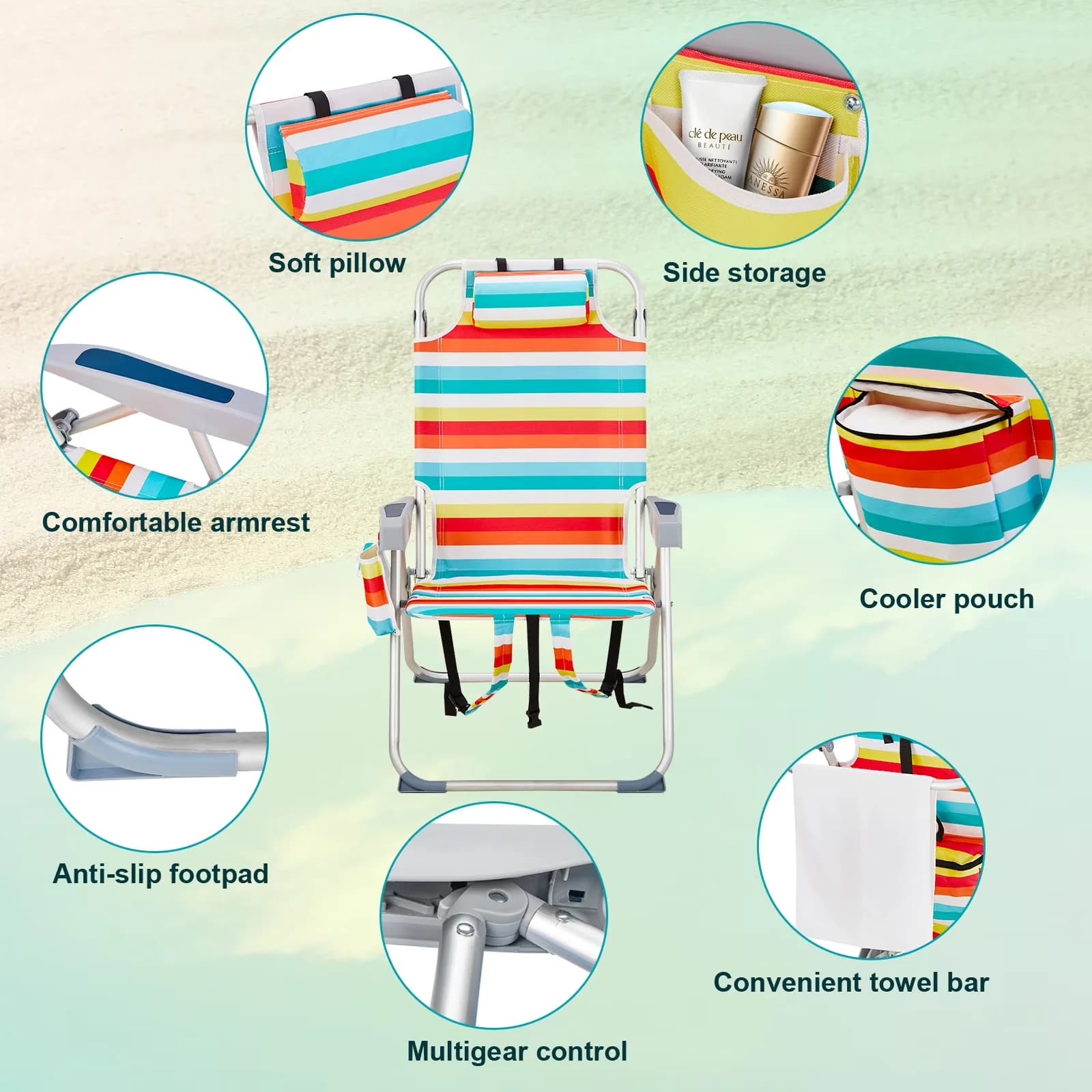 Compact Beach Chair - Rainbow Stripes Heightened - Residential Grade Model 4FCA13