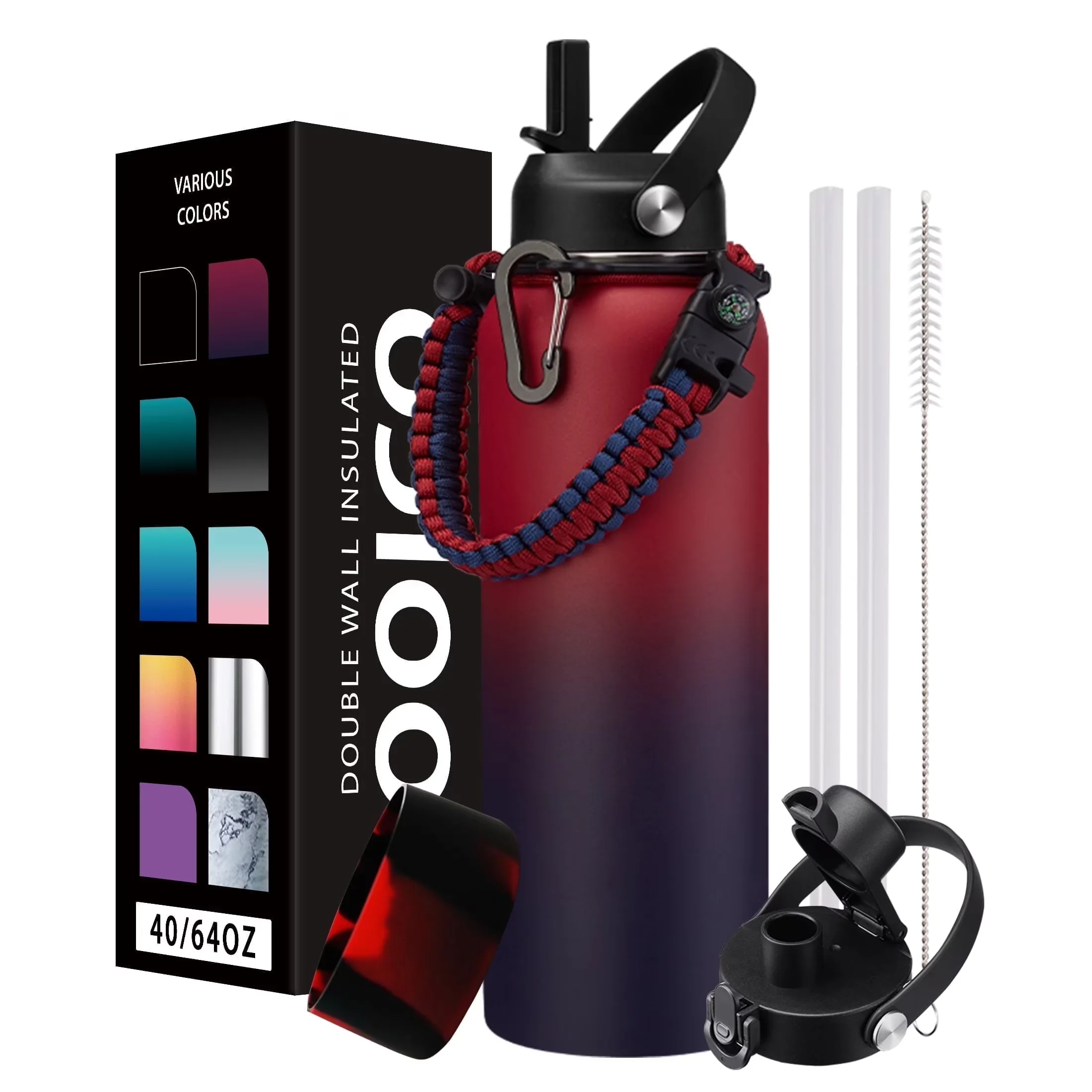 Innovative Water Filtration with Straw Hole, Leakproof, 40 oz Insulated Bottle - Red Stainless Steel Model 2DEF8B