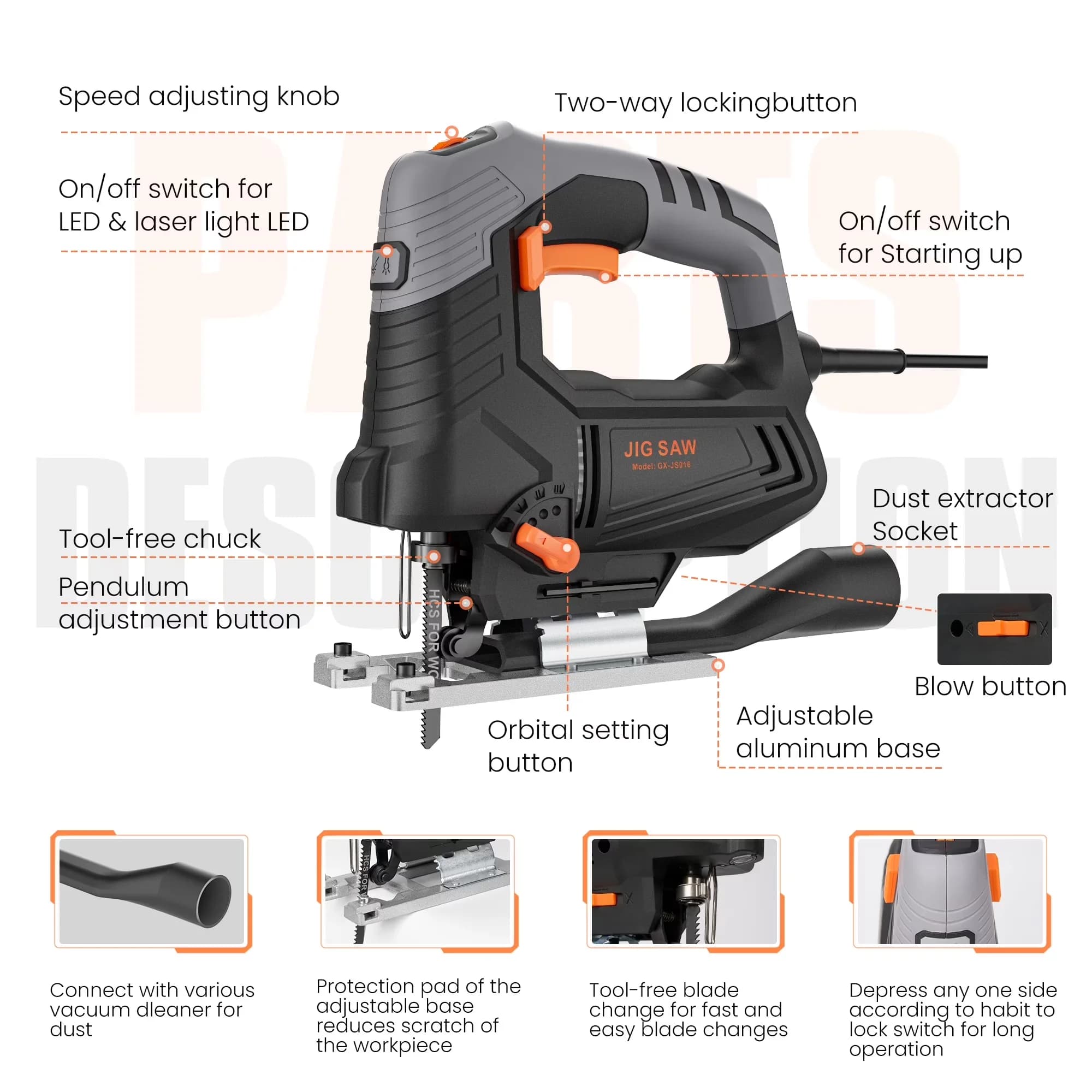 Stylish Power Saw with LED, 800W, Engindot 800W 6.7A Jigsaw - Black - Rustic Charm Model 09CF01