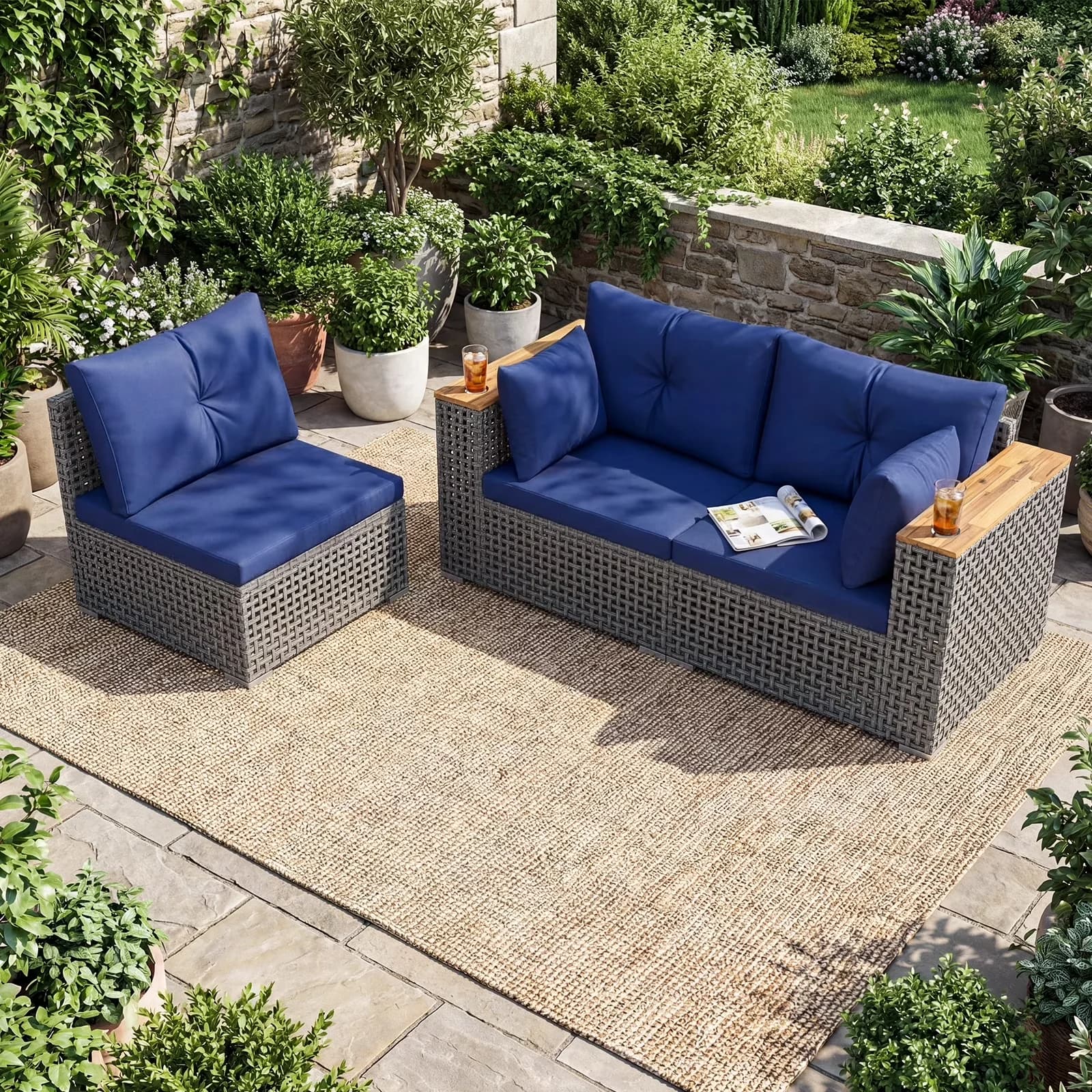 Compact Outdoor Sofas Sectional with Removable Cushion Cover, 3 Piece Couch Set, Patio Wicker Furniture Set - Pe Rattan, Metal,... Model 2D980D