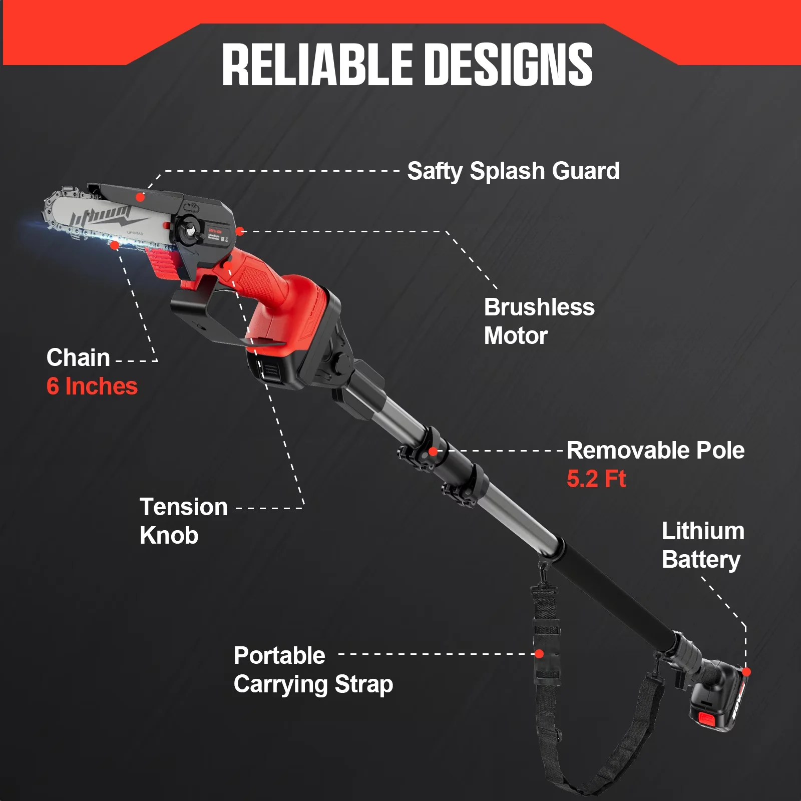 Professional Pole Saw with Battery, 20V, 2-in-1 Cordless - Red - Commercial Quality Model EB52C1