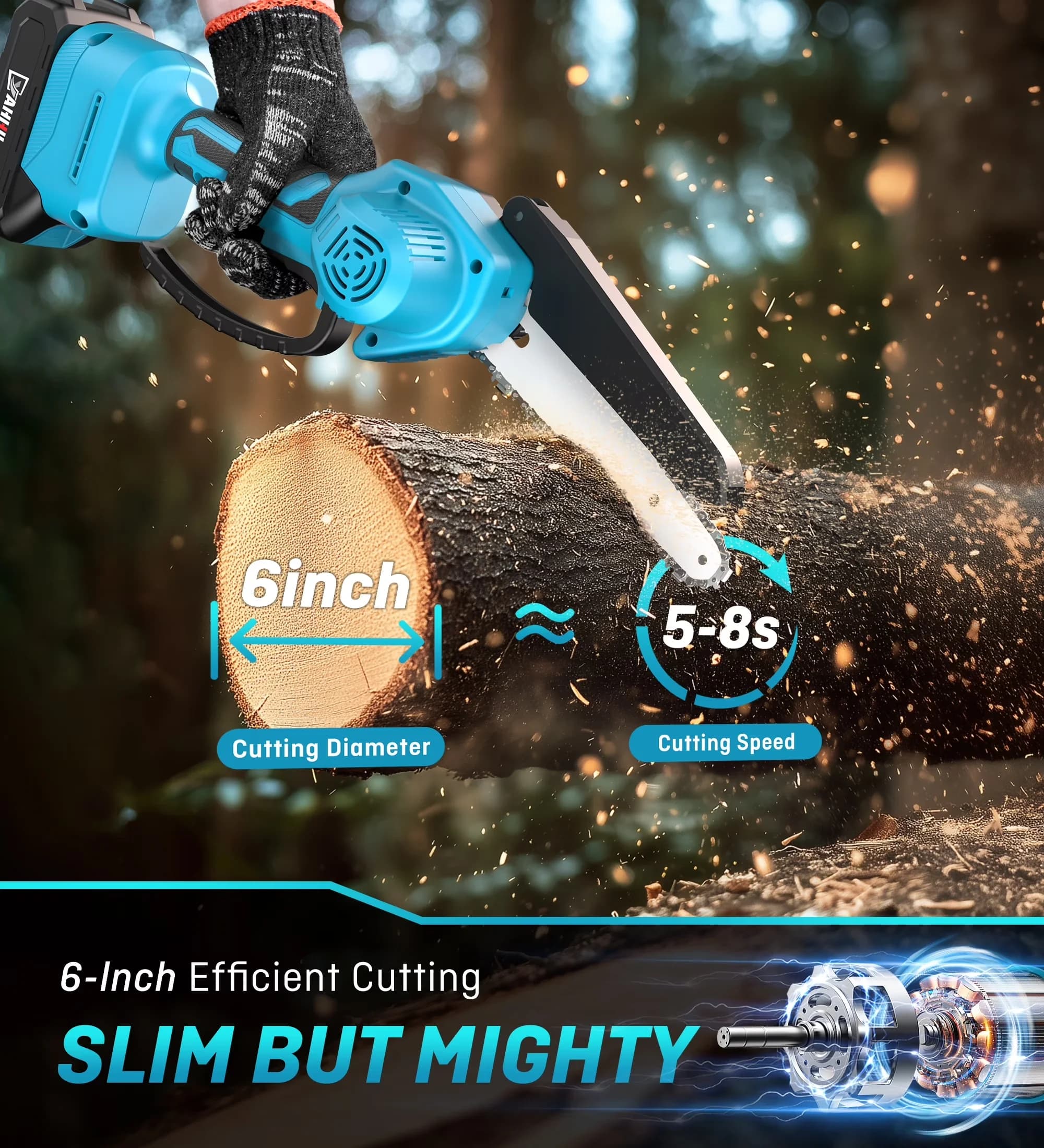 Chainsaw Efficient with Battery, Tool-Less Chain Tensioning, 6 Inch Mini Cordless - Model 961ABE
