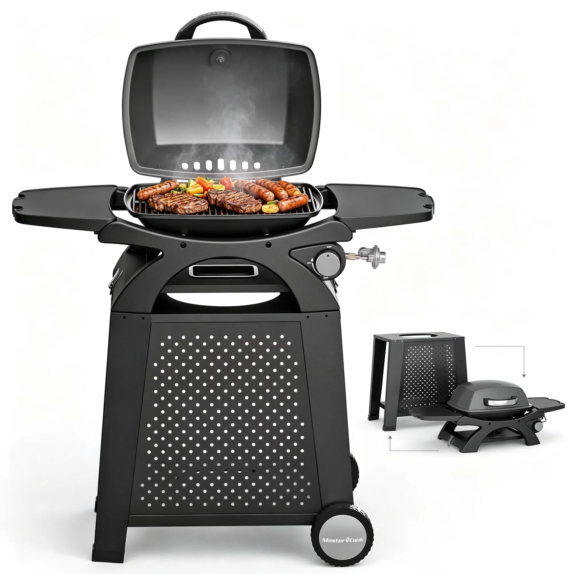 Efficient Gas Grill with Heat Thermometer, Portable, Rust Resistant - Stainless Steel for Patio, Camping Model 91B3E0