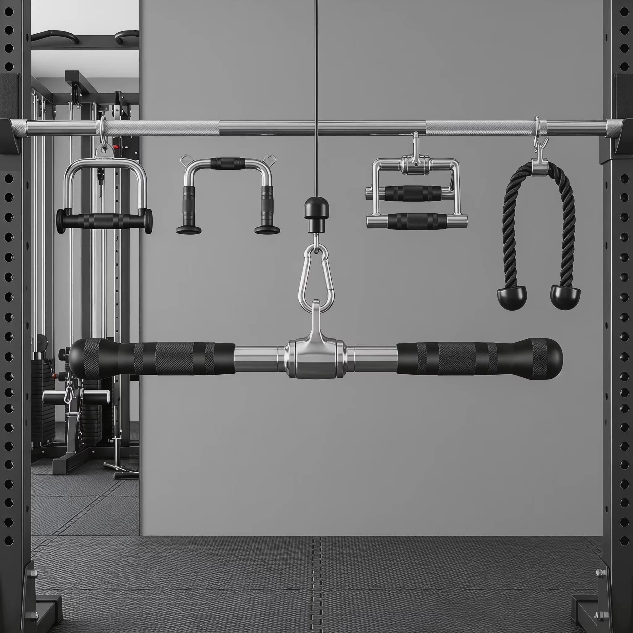 Home Gym Accessory Sleek with Heavy Duty, 4-Piece Cable Machine Attachment Set - Black Metal + Nylon + Tpe for Home Model 774FA0