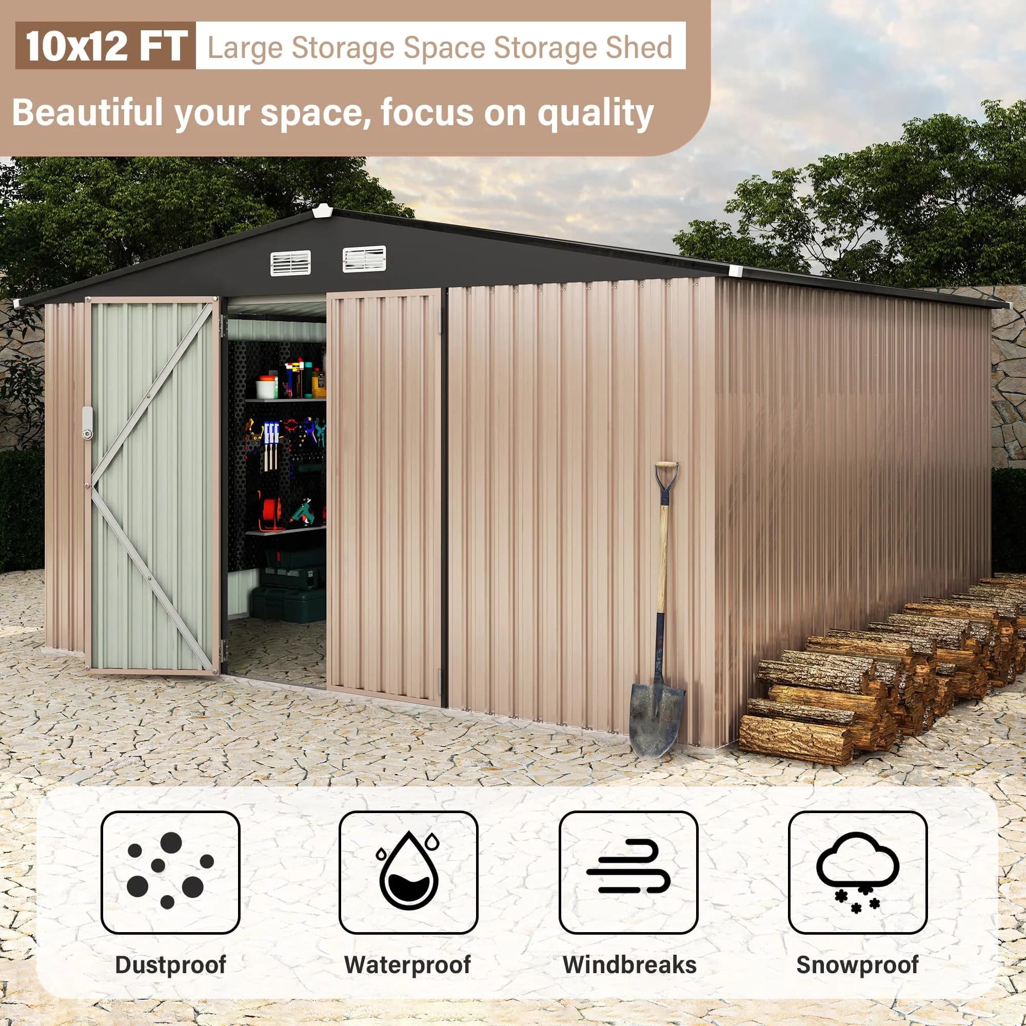 Shed Classic with Lockable Door, Sloped Roof & Ventilation, 12x10FT Metal Storage - 0.6Mm Galvanized Steel Panels + Reinforced Frame... Model 03C744