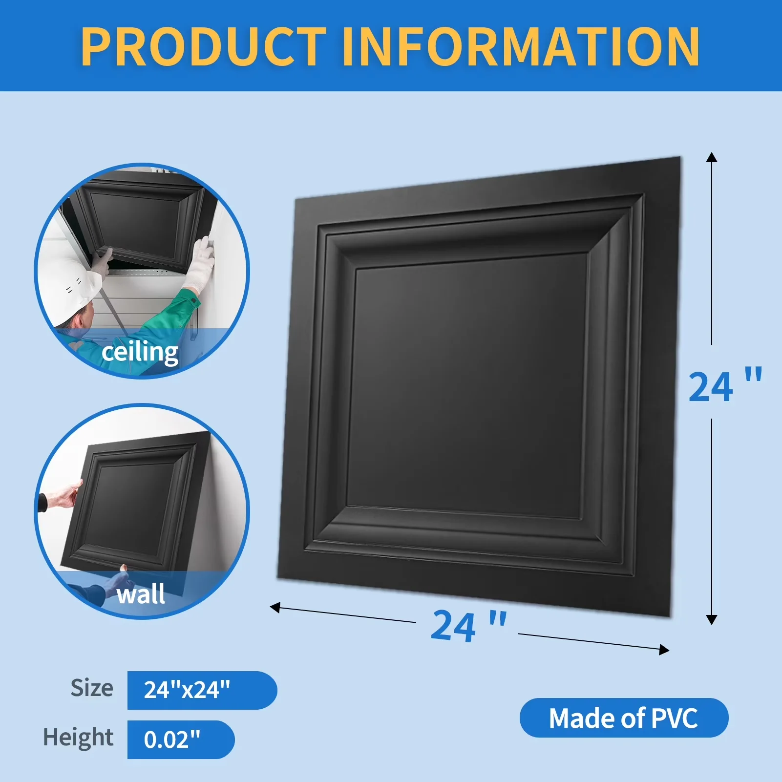 Classic Building Material with Eco-Friendly, PVC Ceiling Tiles in Black, 12-Pack 2ft x 2ft Square Plastic Sheet - Black Pvc Model 44A6D5
