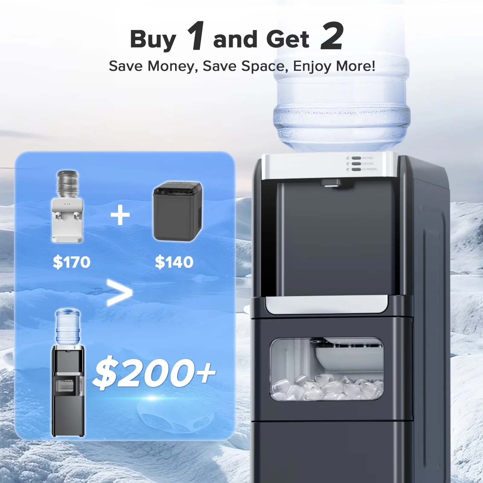 Water Filtration Stylish with Child Safely Lock, 2-5 Gallon Dispenser & 6-Min Ice Maker - Bpa-Free for Home, Office Model 3B9397