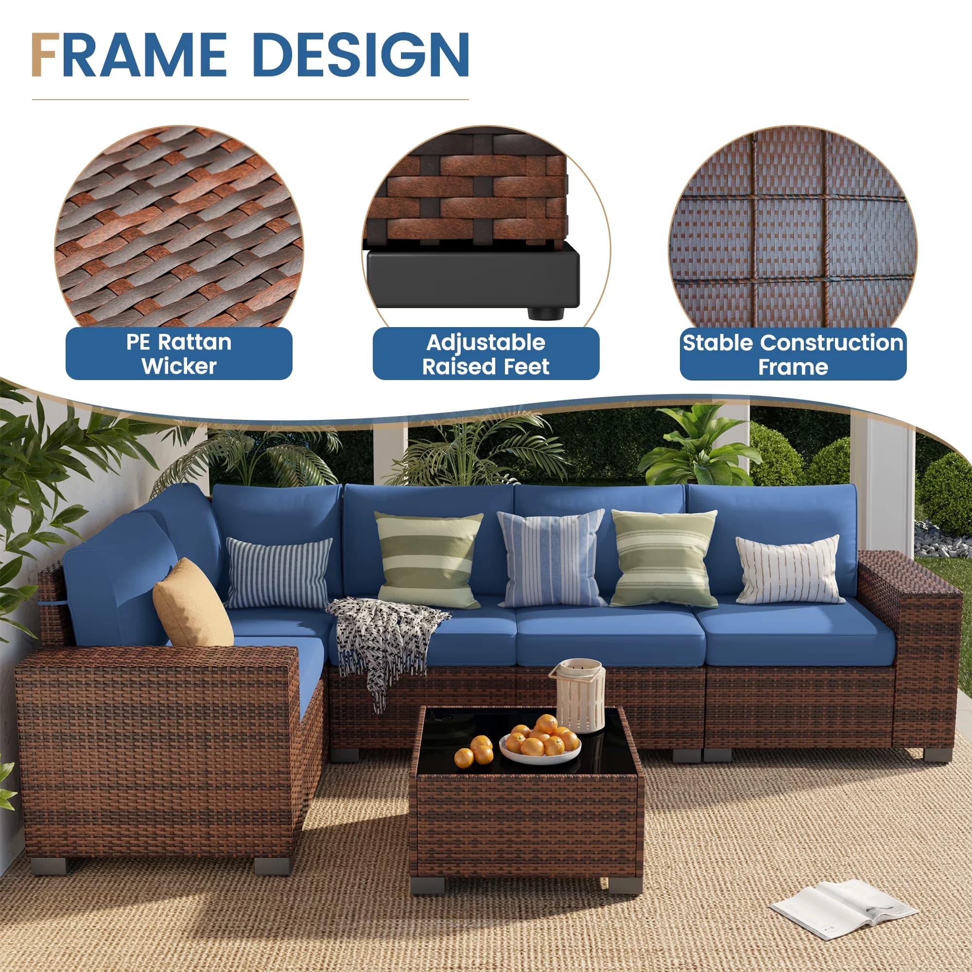 Durable Outdoor Sofas Sectional with Weatherproof, Brown&Blue, Specification: Rattan Color: Brown - Brown Pe Wicker Rattan Model 766BAE