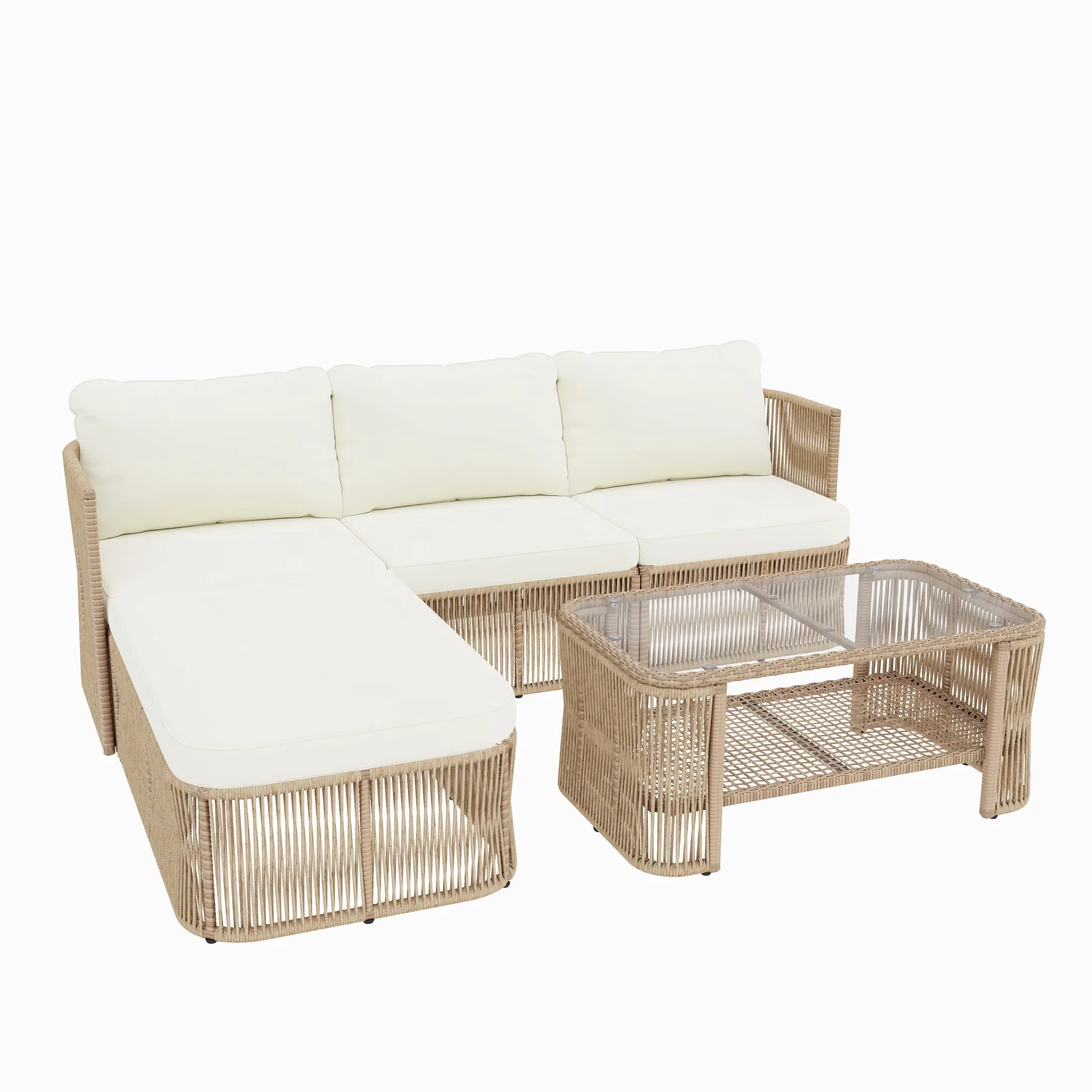 Patio Conversation Set Innovative with Storage, Coastal Outdoor Rattan Sectional Sofa - Pe Rattan + Iron + Cushion + Glass Beige Model 549851