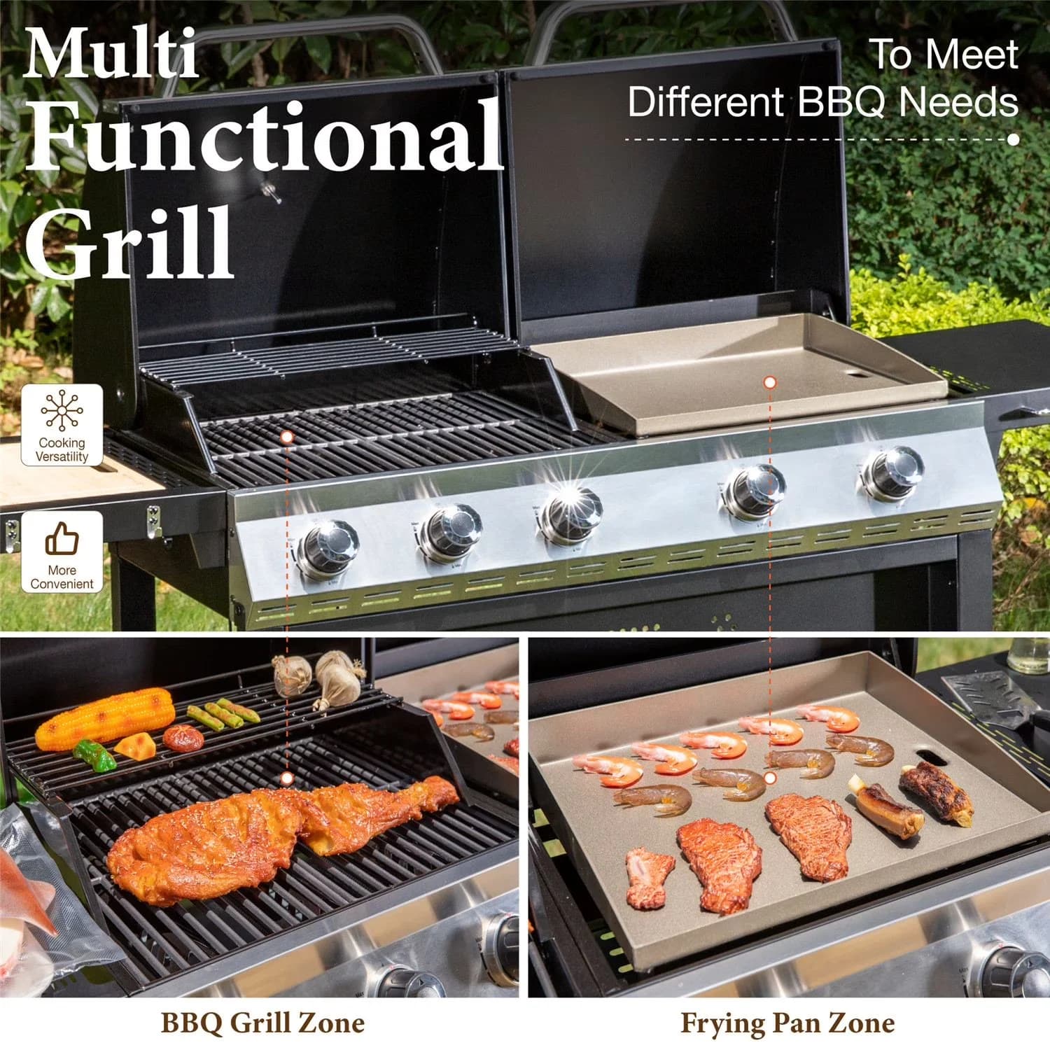 Modern Gas Grill with Heat Thermometer, Portable, Storage Rack - Stainless Steel,Cast Iron,Bamboo Model D8A484