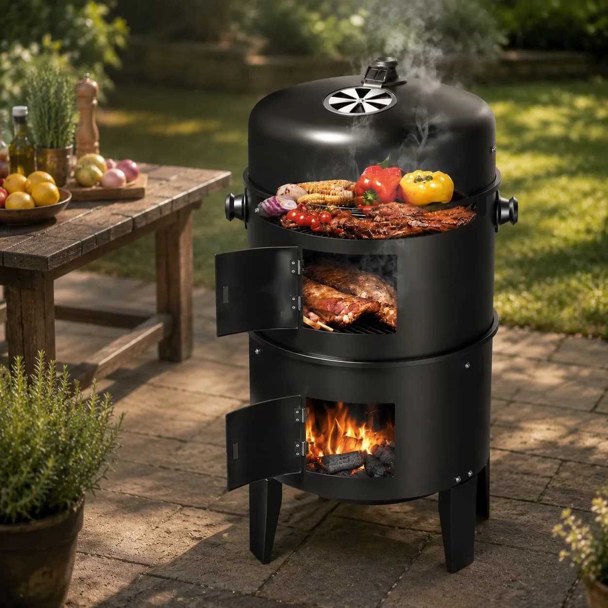 Combo Grill Reliable with Adjustable Air Vents, Adjustable Charcoal Tray - Steel for Outdoor, Patio Model E777B9
