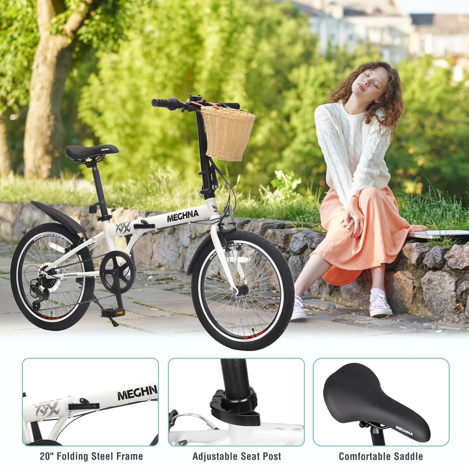 Compact Cruiser Bike with Foldable, Mountain Bikes 20 Inch Folding - White#9 Model CF4A82