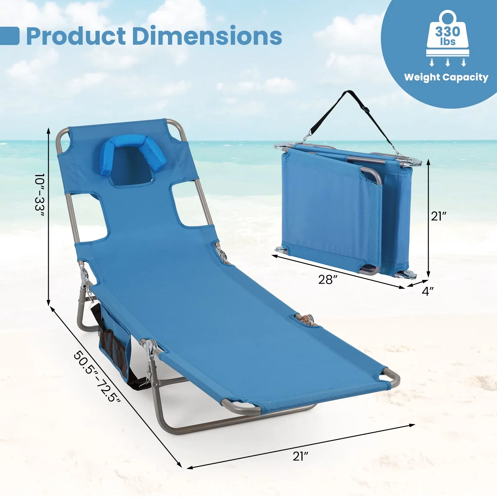 Versatile Beach Chair with Adjustable, 5-Position Adjustable Backrest Blue, Folding Lounge - Blue Model 53E3E0