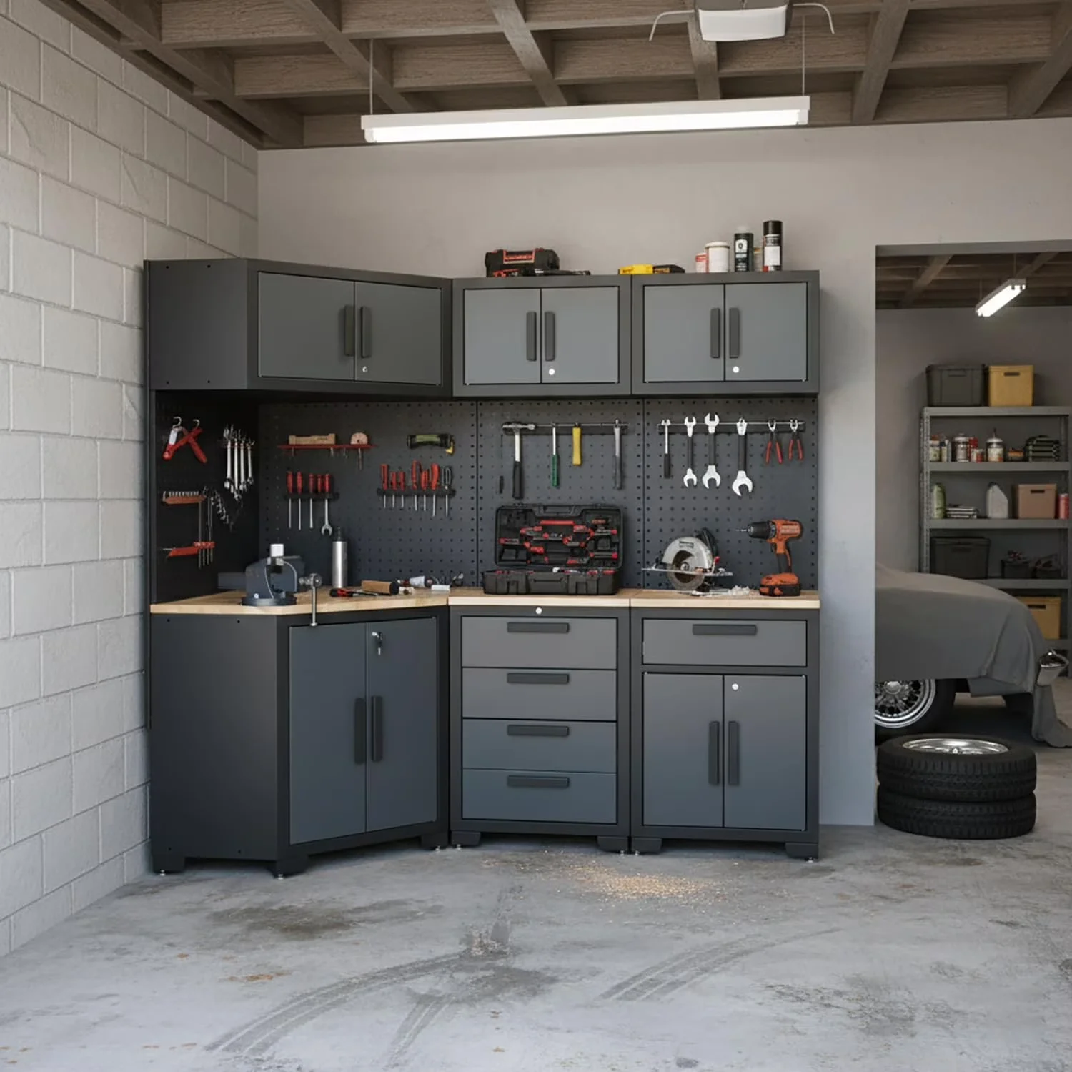 Toolstorage Compact with Workbench, Cabinet Drawers, Corner Cabinet - Metal Black Model 361CC9