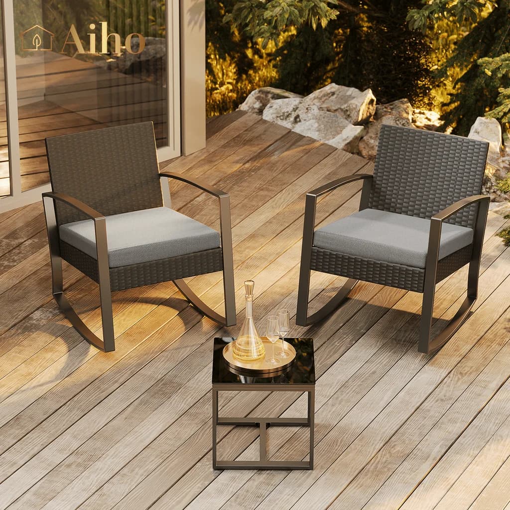 Stylish Patio Dining Set with Waterproof, 3 PCS Outdoor Rocking Chairs, Furniture - Gray Pe Wicker, Steel, Sponge, Tempered Glass for... Model 15F587