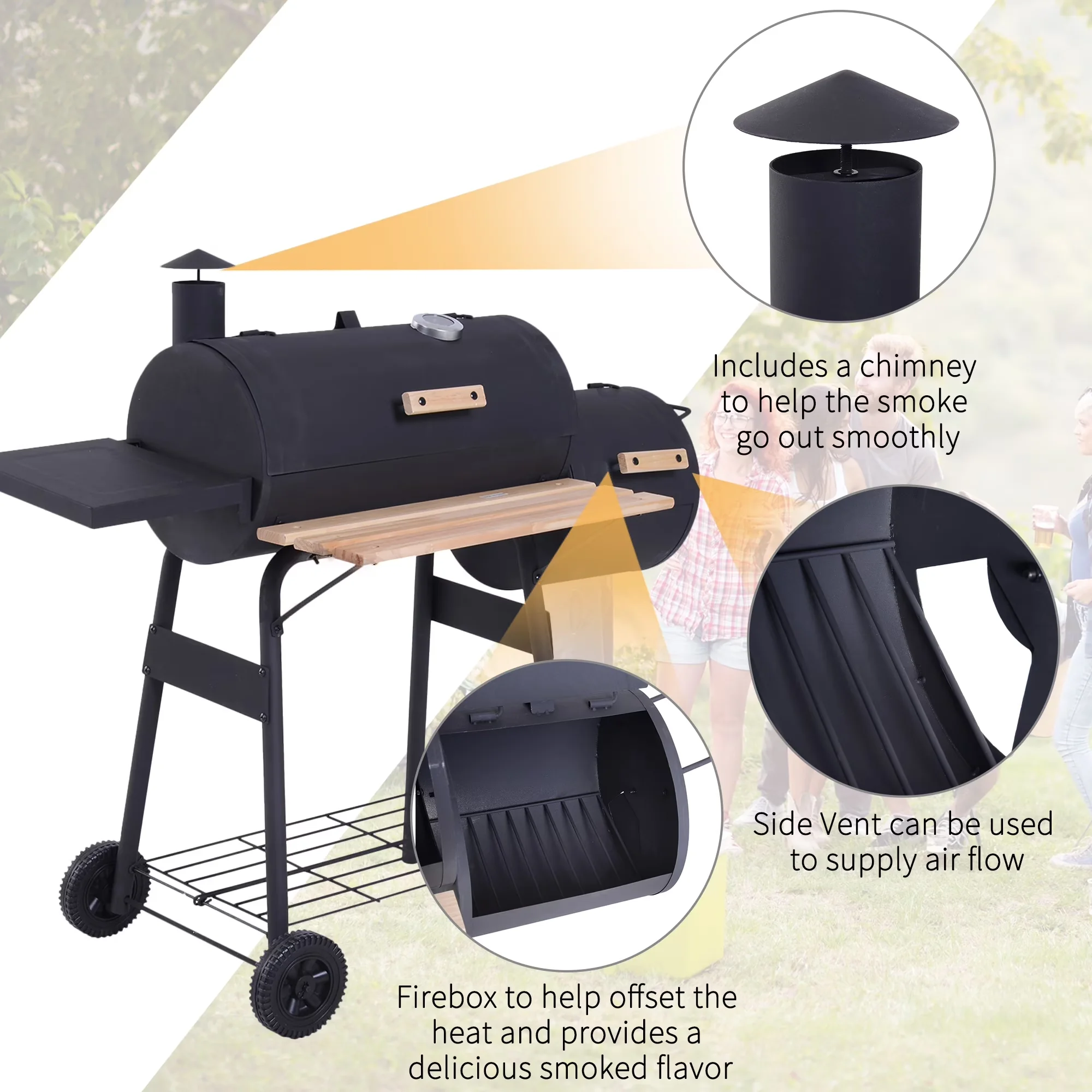 Stylish Flat Top Grill with Offset Firebox, Thermometer, Storage Rack - Steel Black Model 8526D2