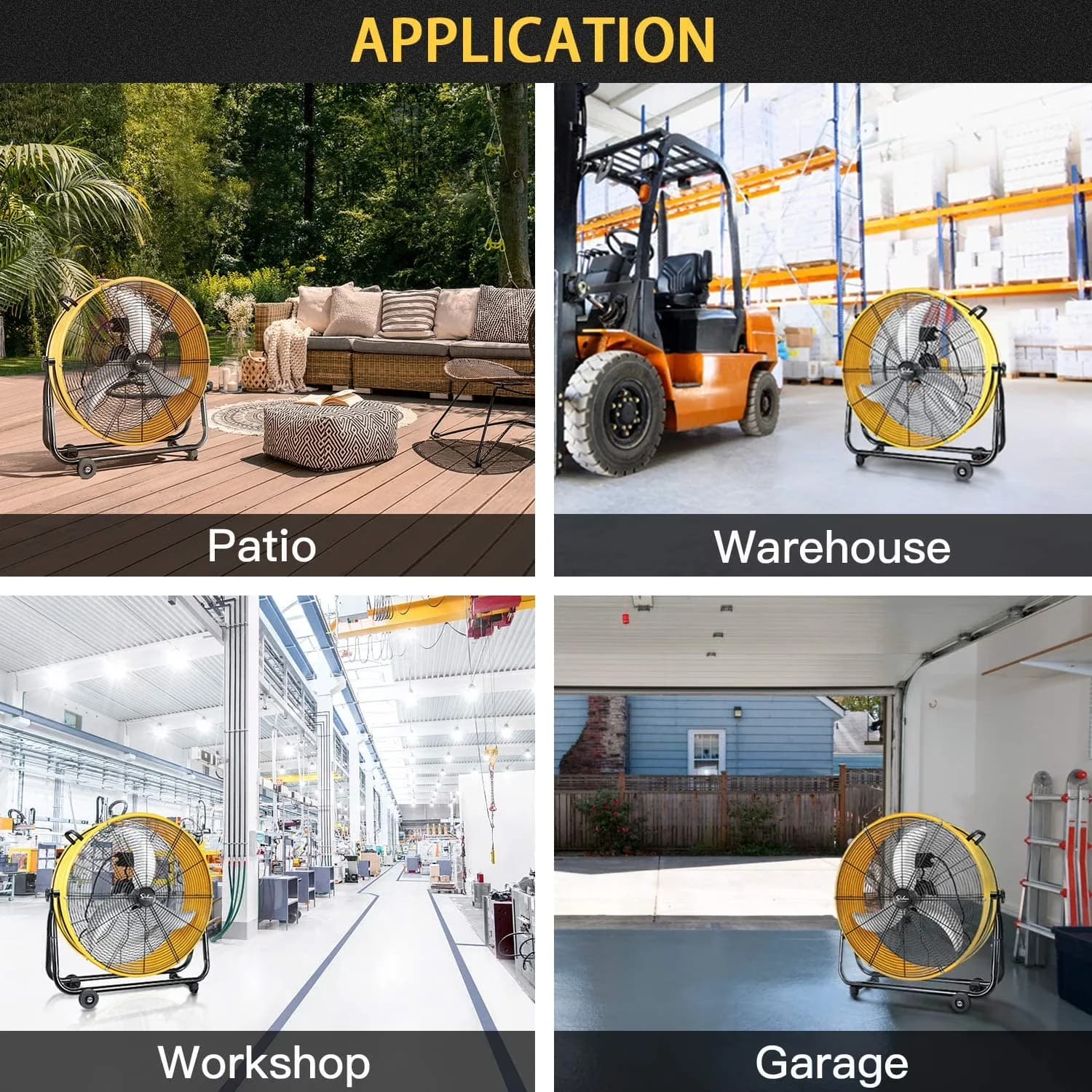 Quality Fans In Cooling with Tilt Mechanism, 30 inch 3 Speed 7110 CFM Metal Drum Fan - Yellow Metal Model 77757A