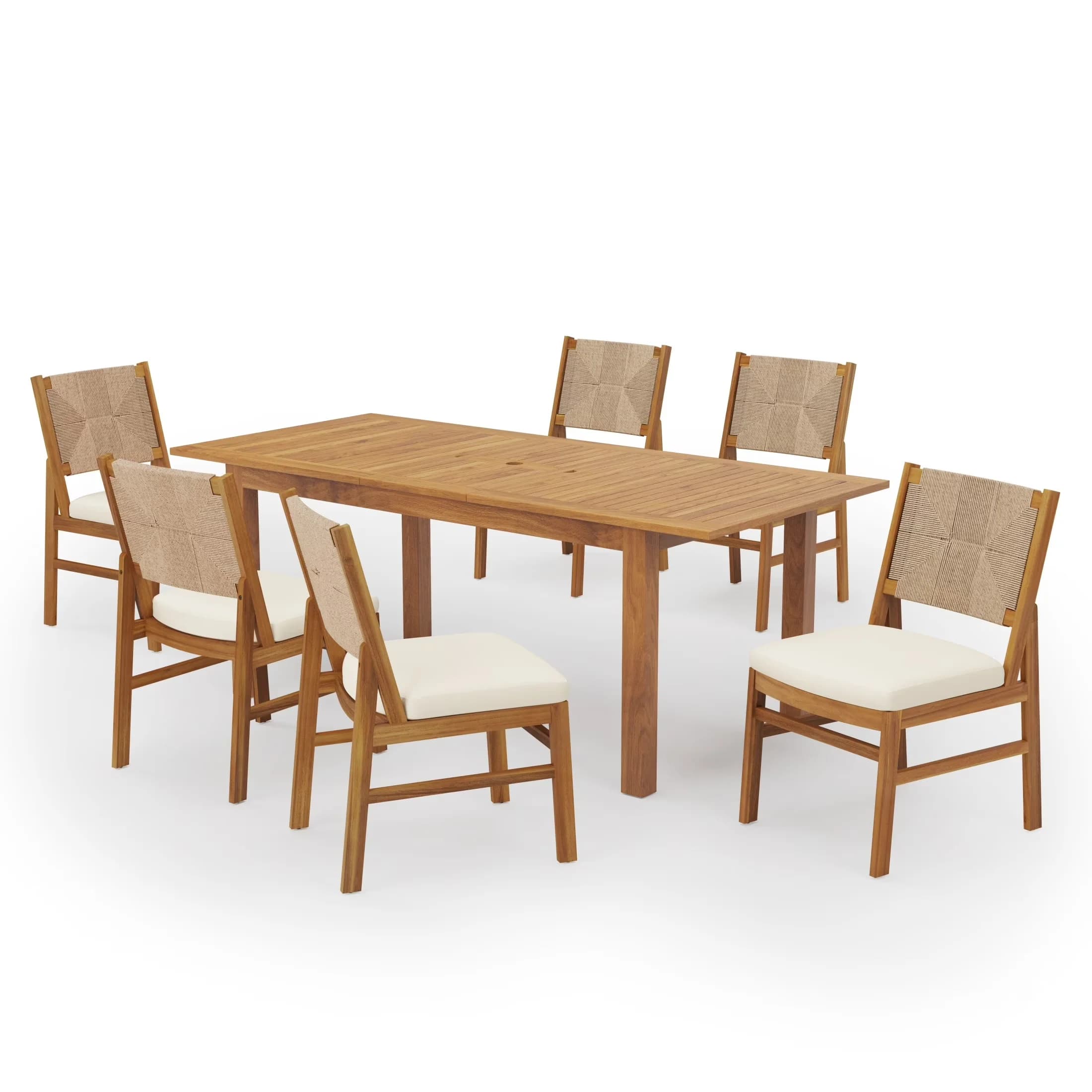 Patio Dining Set Sleek with Cushions, Cushion Material: Water Resistant Fabric - Brown Acacia Wood + Wicker + Fabric Model 79E46F