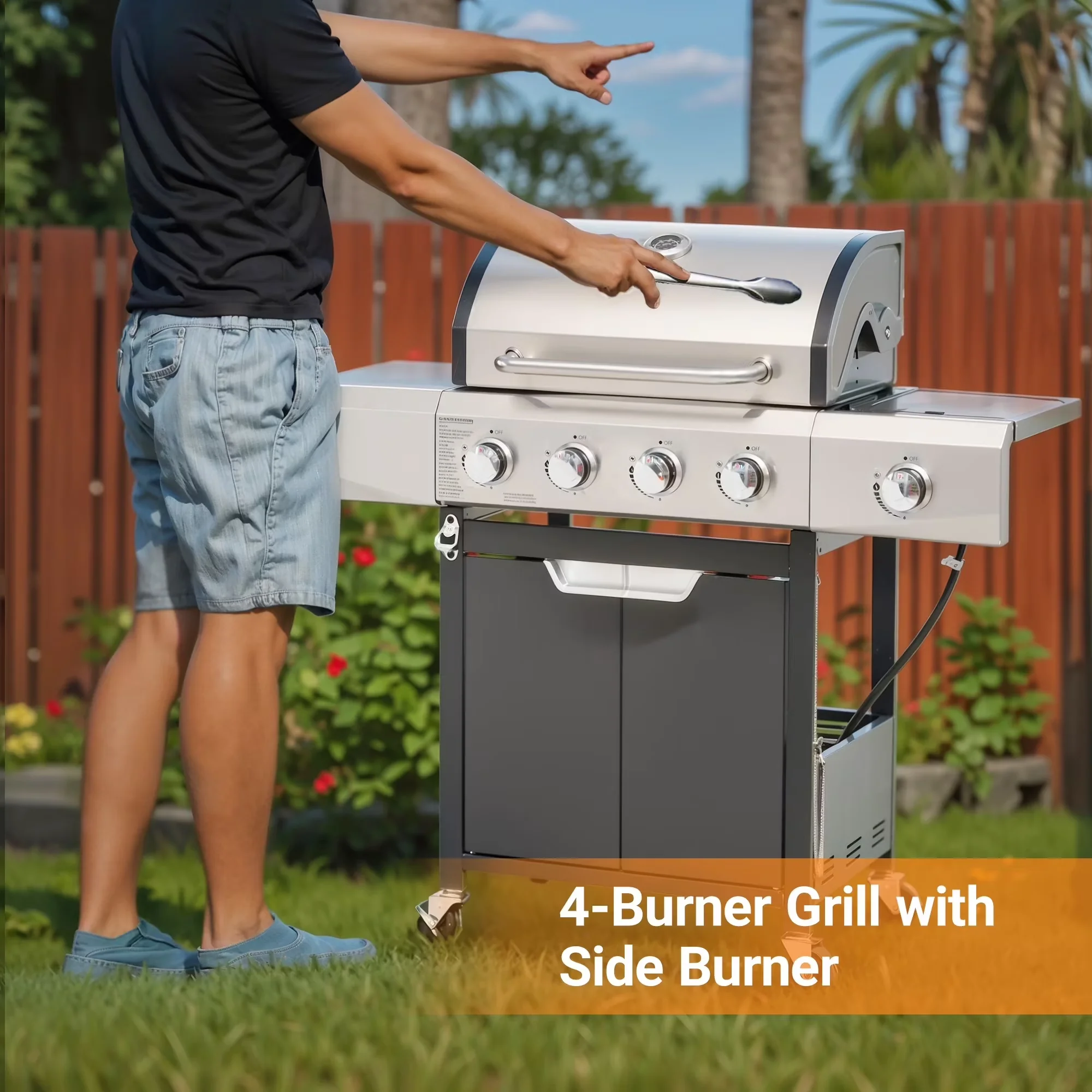 Gas Grill Innovative with 51000 BTU, Portable, Highsound 4-Burner Propane - Stainless Steel Model 87AC3B
