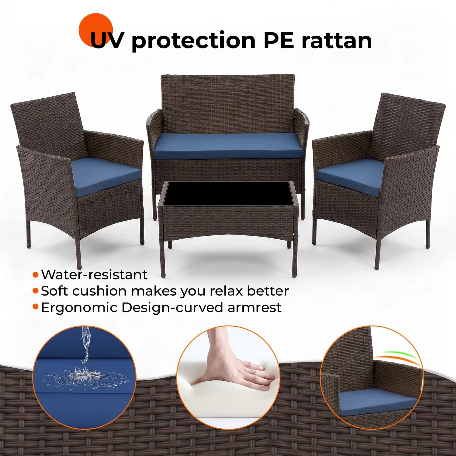 Innovative Patio Conversation Set with Weatherproof, Cushion and Loveseat Glass Table - Brown Rattan for Garden Model B5BBD3