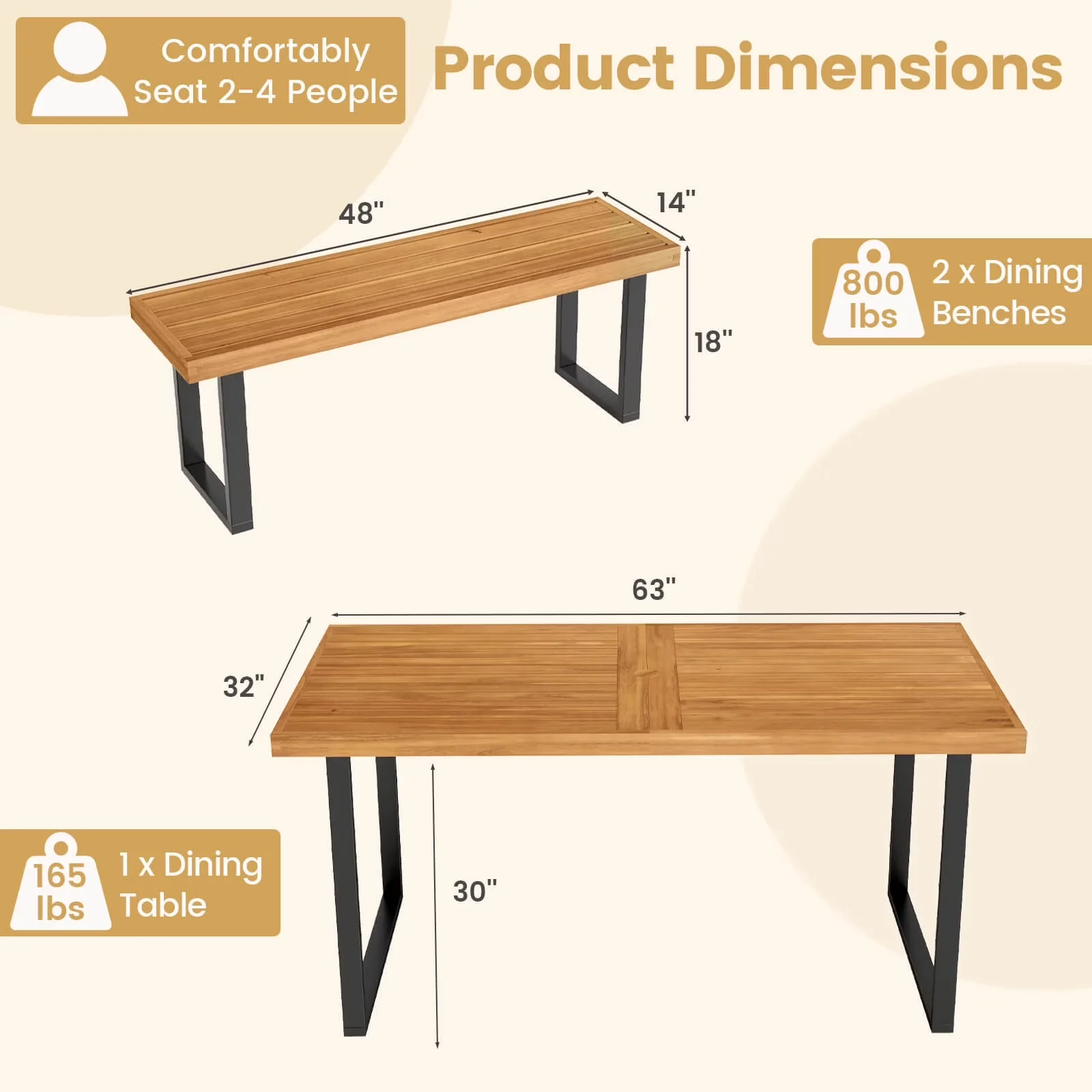 Essential Patio Dining Set with Adjustable, Farmhouse, 3PCS Table - Acacia Wood, Metal Orange Model BEADFD