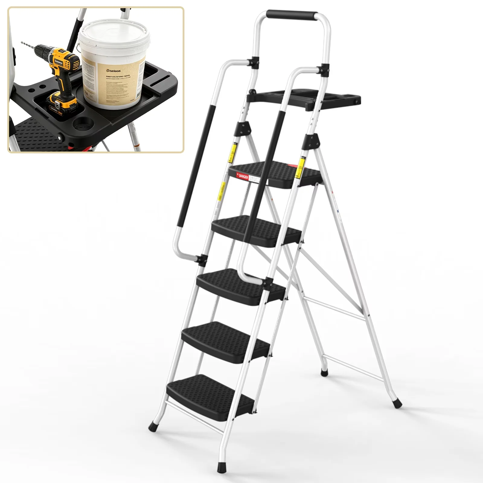 Innovative Ladders And Step Stool with Lock-On Button, Safety Lock - White Metal Model B9E8FB
