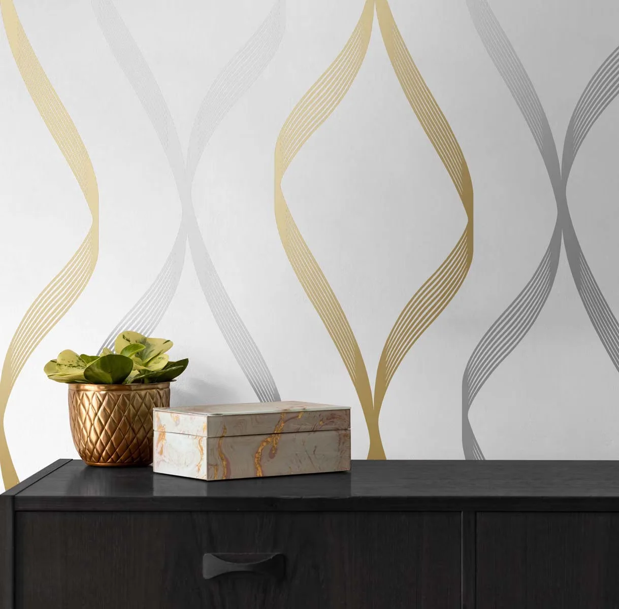 Essential Wallpaper with Stain Resistant, Silver & Gold Ogee Ribbon Peel and Stick - Self-Adhesive Vinyl Silver Model 9EB4ED
