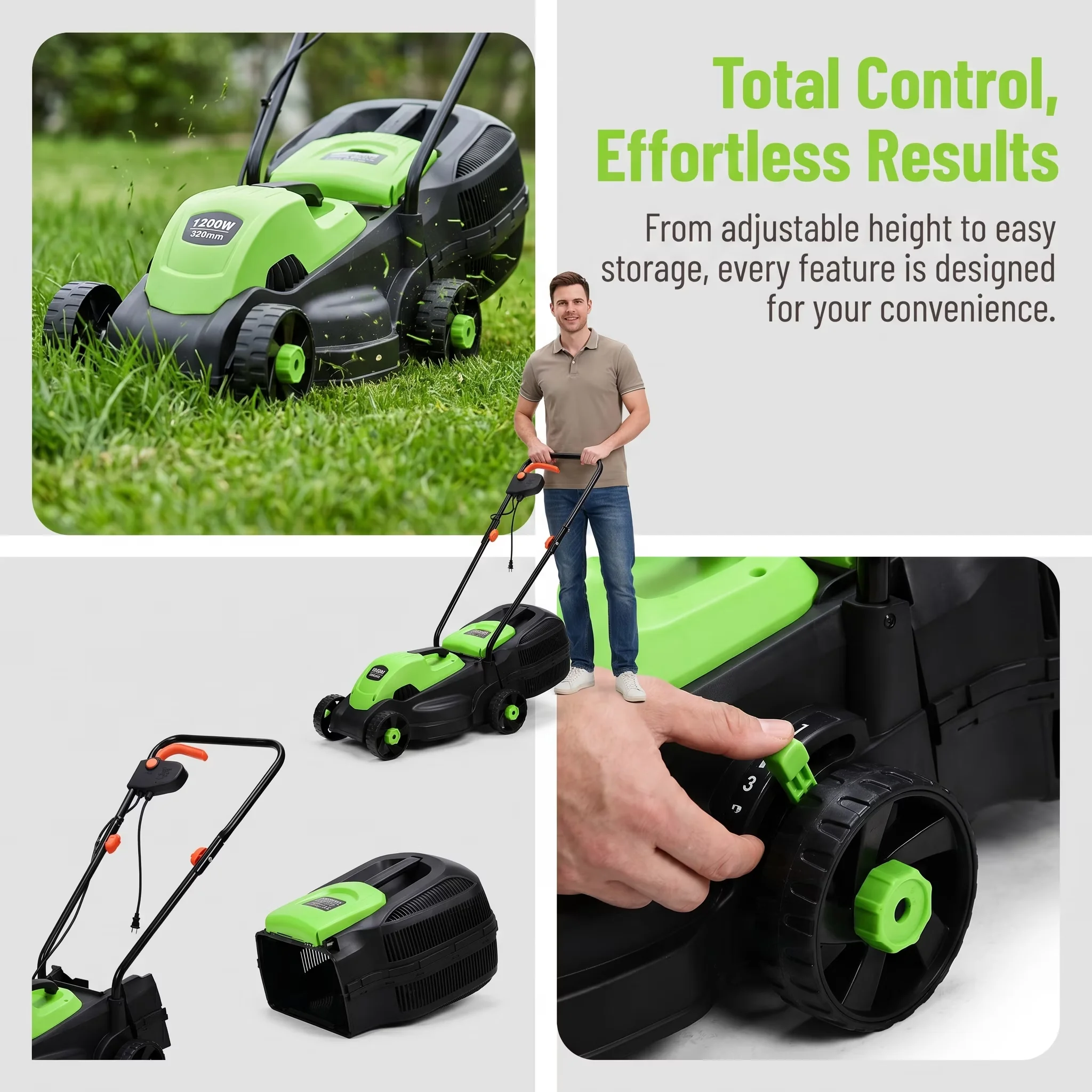 Professional Push Mower with Adjustable Cutting Height, Green, 14 Inch 12 Amp Electric Corded Lawn - Green Model 89E87A