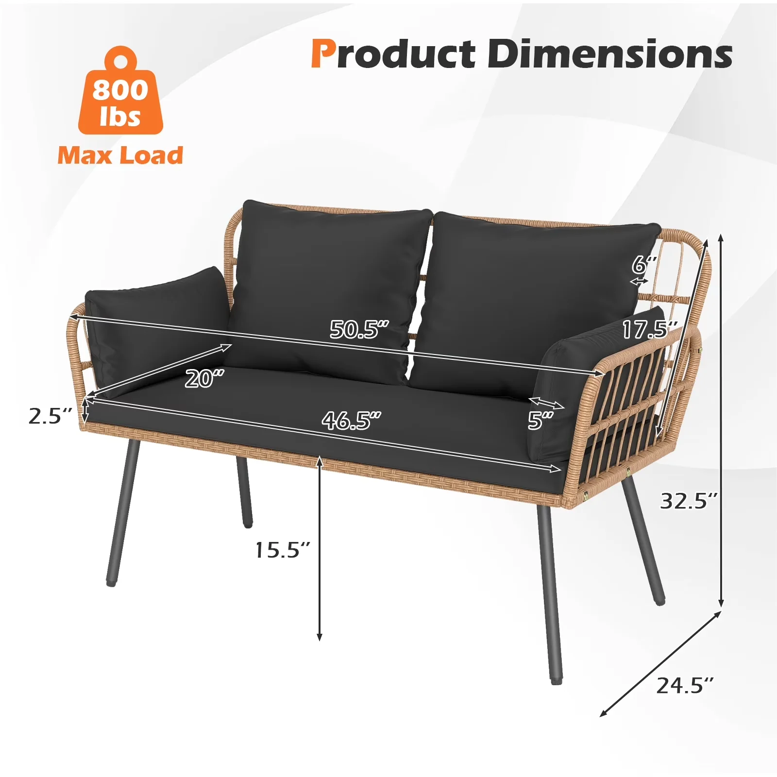 Efficient Patio Chair with Bohemian, Water-Resistant, Wicker Loveseat Furniture - Black Pe Rattan, Metal, Sponge, Polyester Model 87AEB2