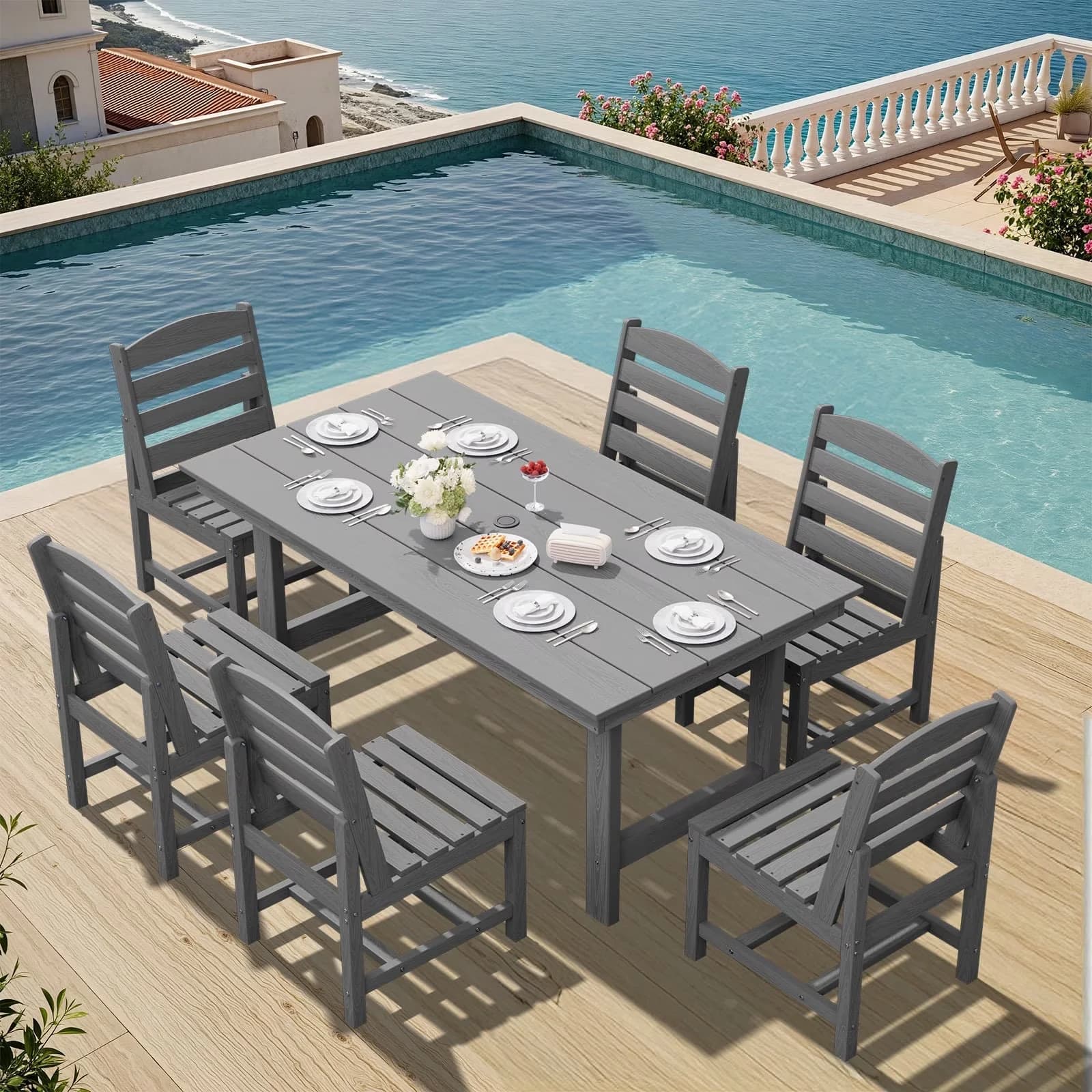 Patio Dining Set Compact with Modern, 6 Armless Chairs & Umbrella Hole - Gray Armless Chair Model CB7E09