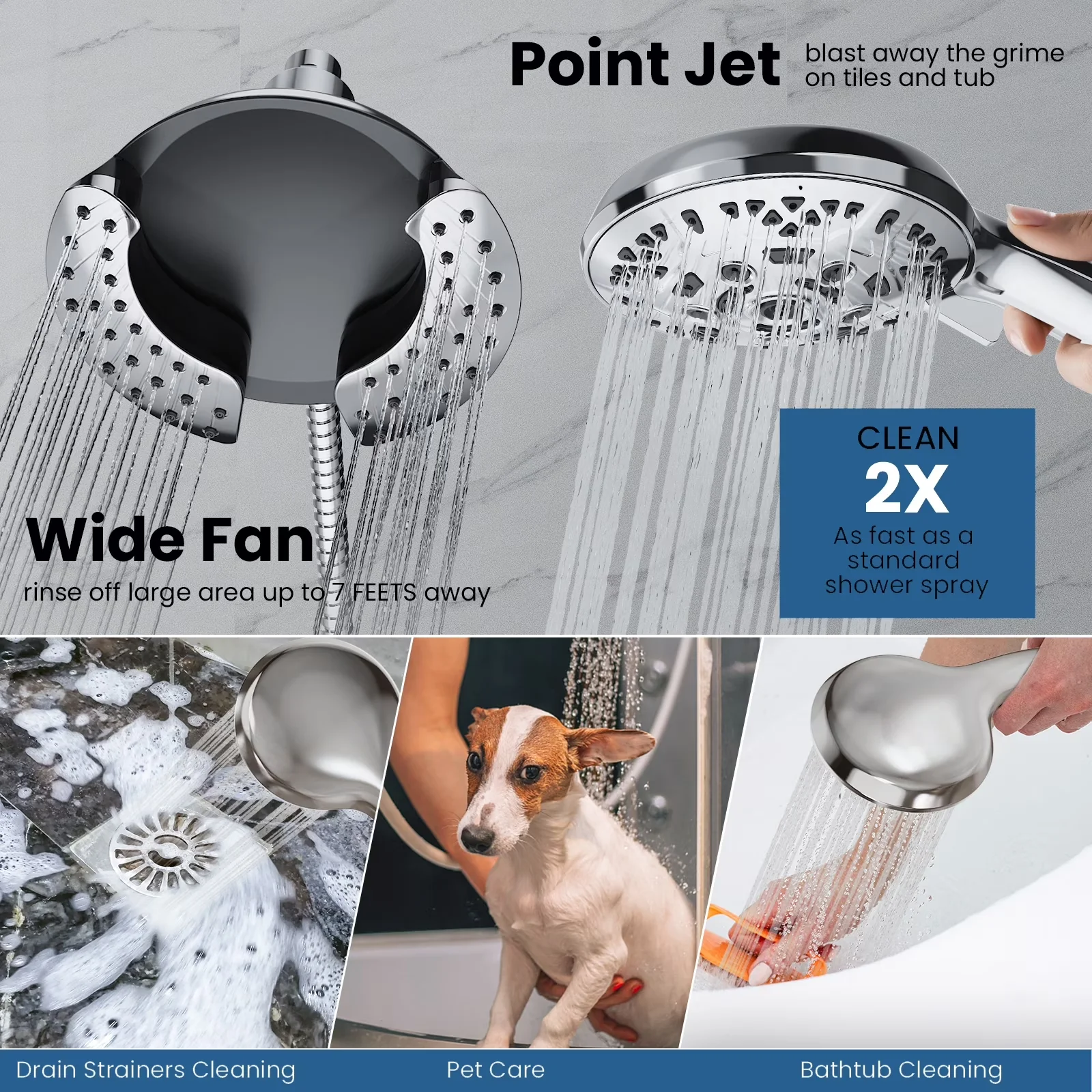 Shower Head Compact with Adjustable Flow Rate, Adjustable - Silver Chrome + Abs Model A7CEE5