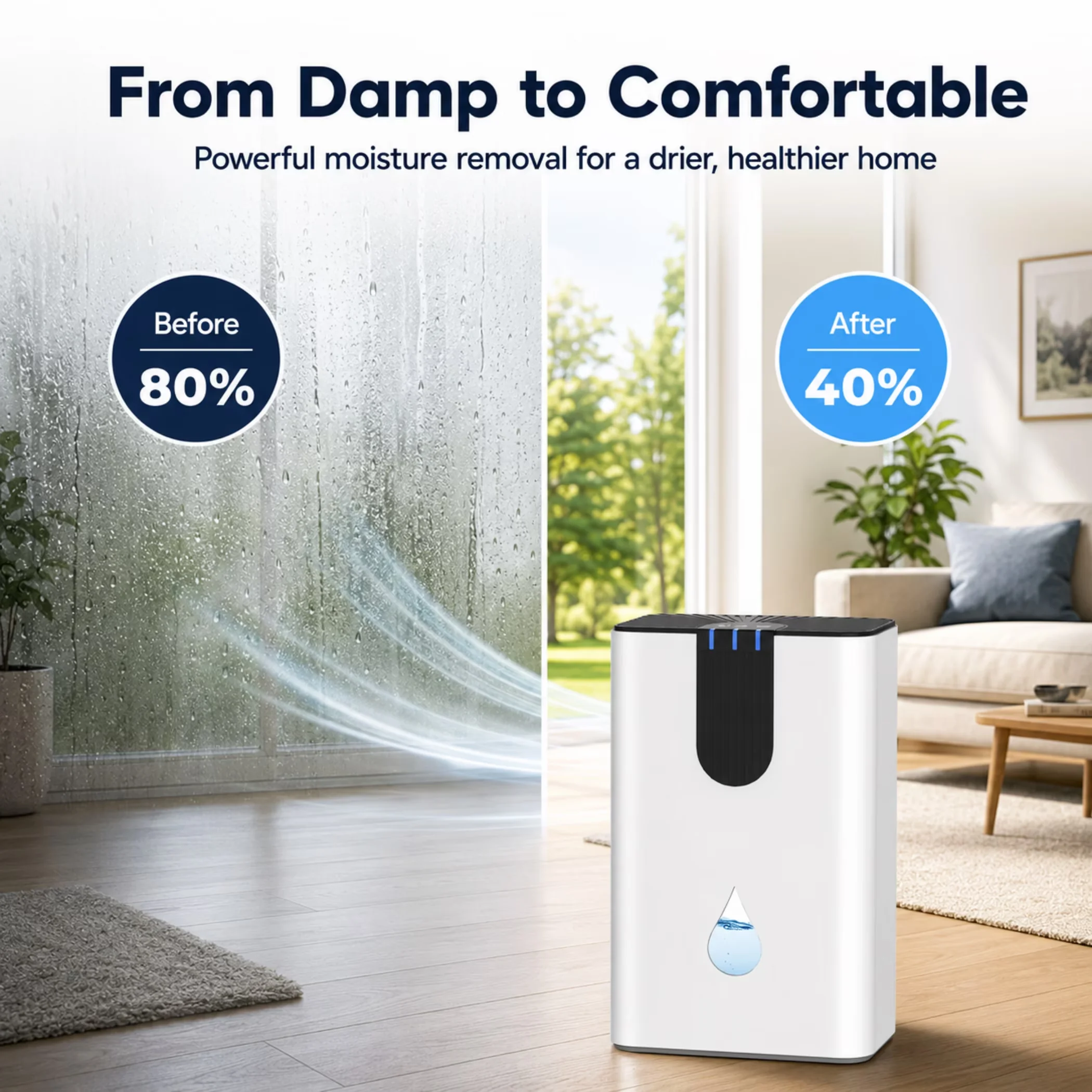 Dehumidifier Premium with LED, Automatic Shut-Off, 95 oz - White for Home Model E64D9E