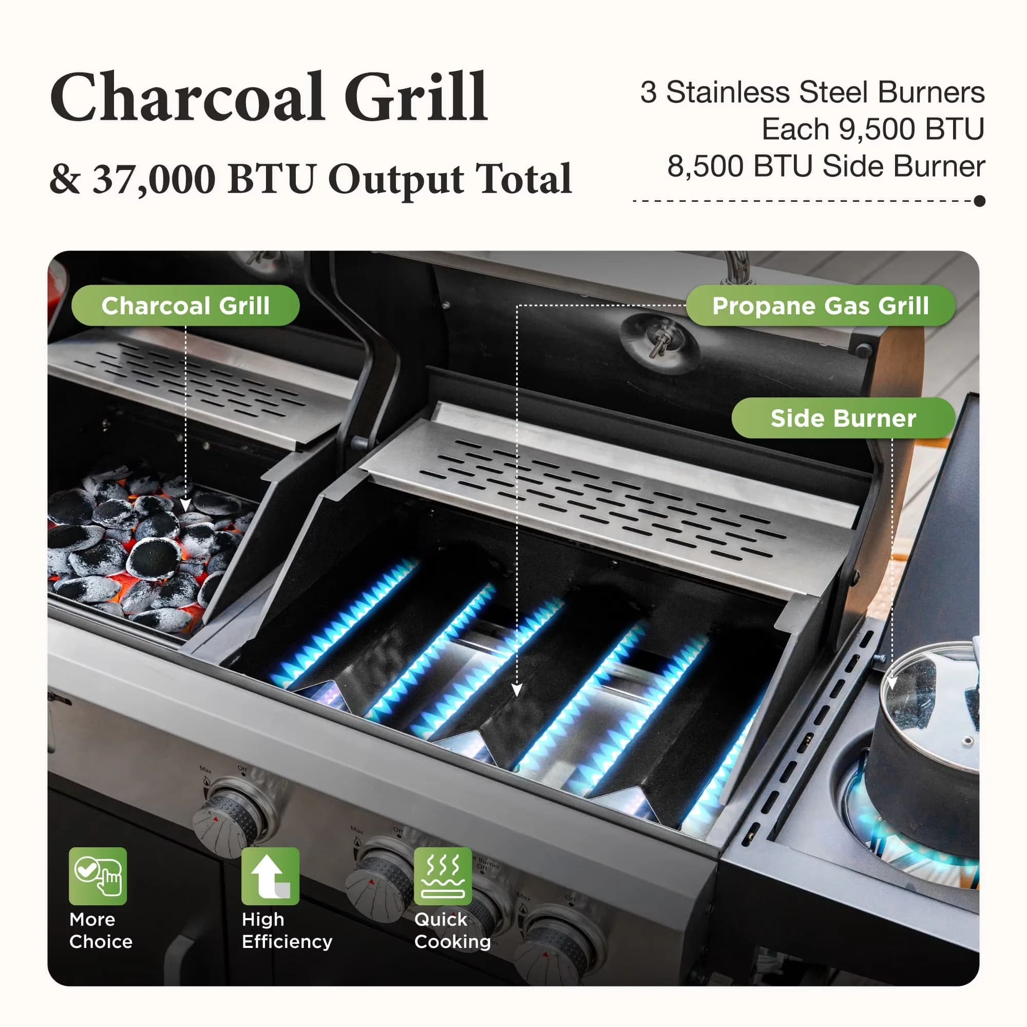 Reliable Combo Grill with Side Burner - Porcelain-Enameled Cast Iron Charcoal Model 6342D8