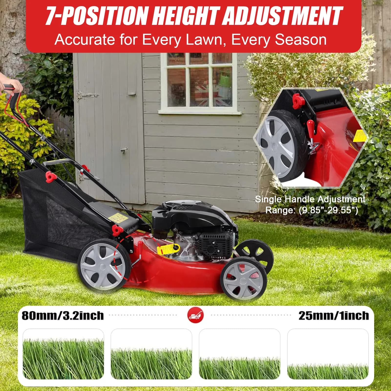 Quality Push Mower with Single Lever Height Adjustment, 50L Grass Tank Big Wheels - Red Model 28E84F