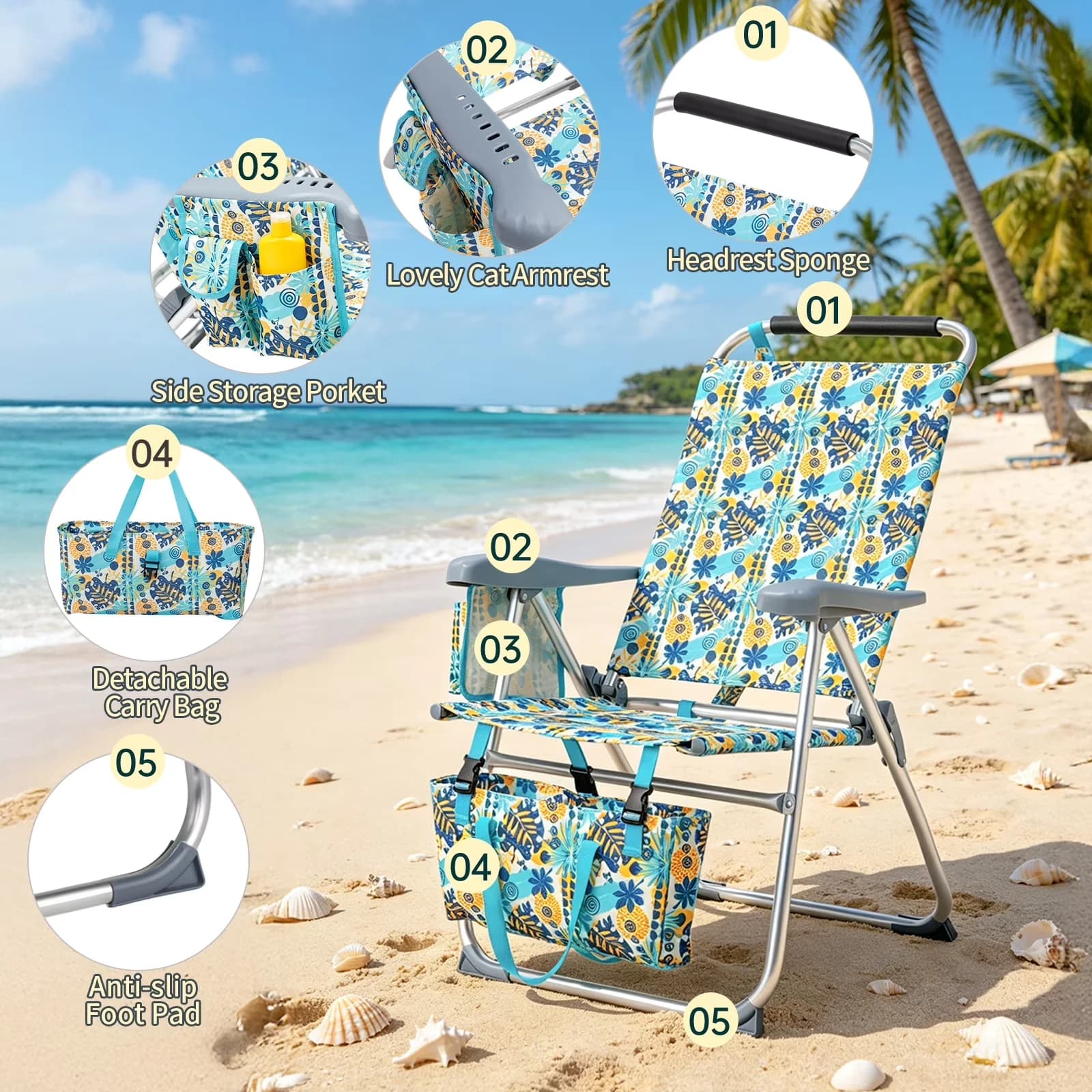 Versatile Beach Chair with Waterproof, Adjustable, 17in Backpack - Ergonomic Design Model 42DB46