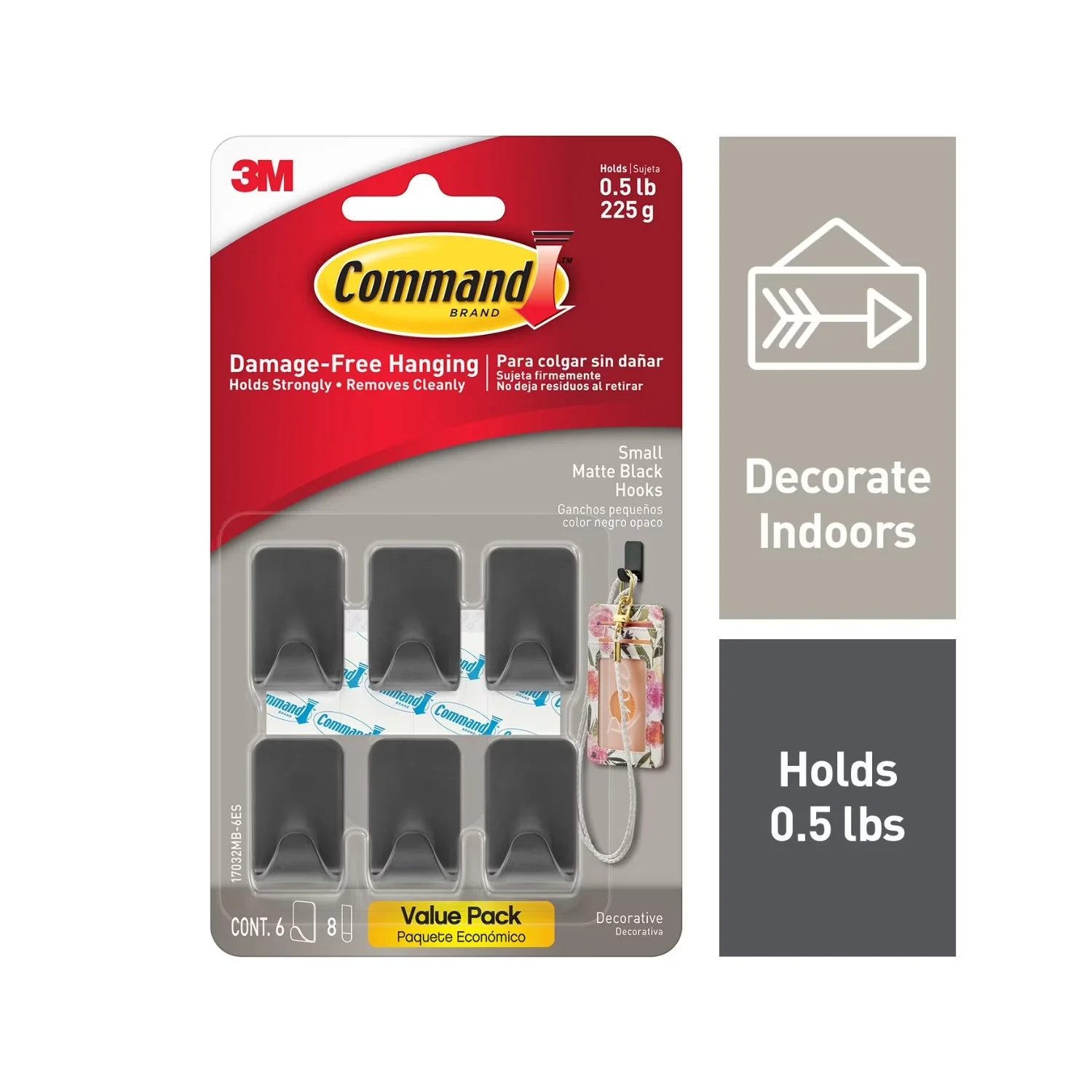 Sleek Damage-Free Hanging with Easy Installation, Wall-Mountable, 6 Wall Hooks - Black Plastic Model DCFD73