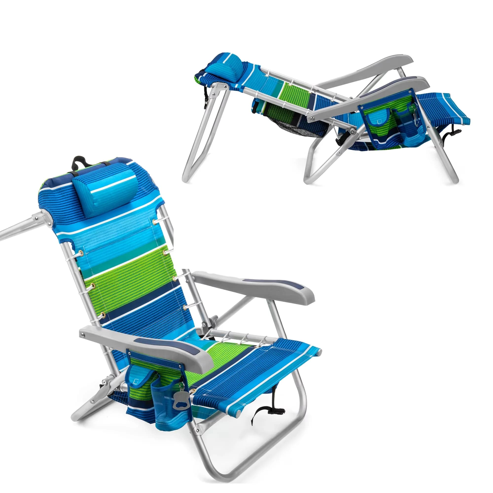 Efficient Beach Chair with Folding, Adjustable, Cooler+ Folding Backpack - Aluminum Blue Model A2D1AA