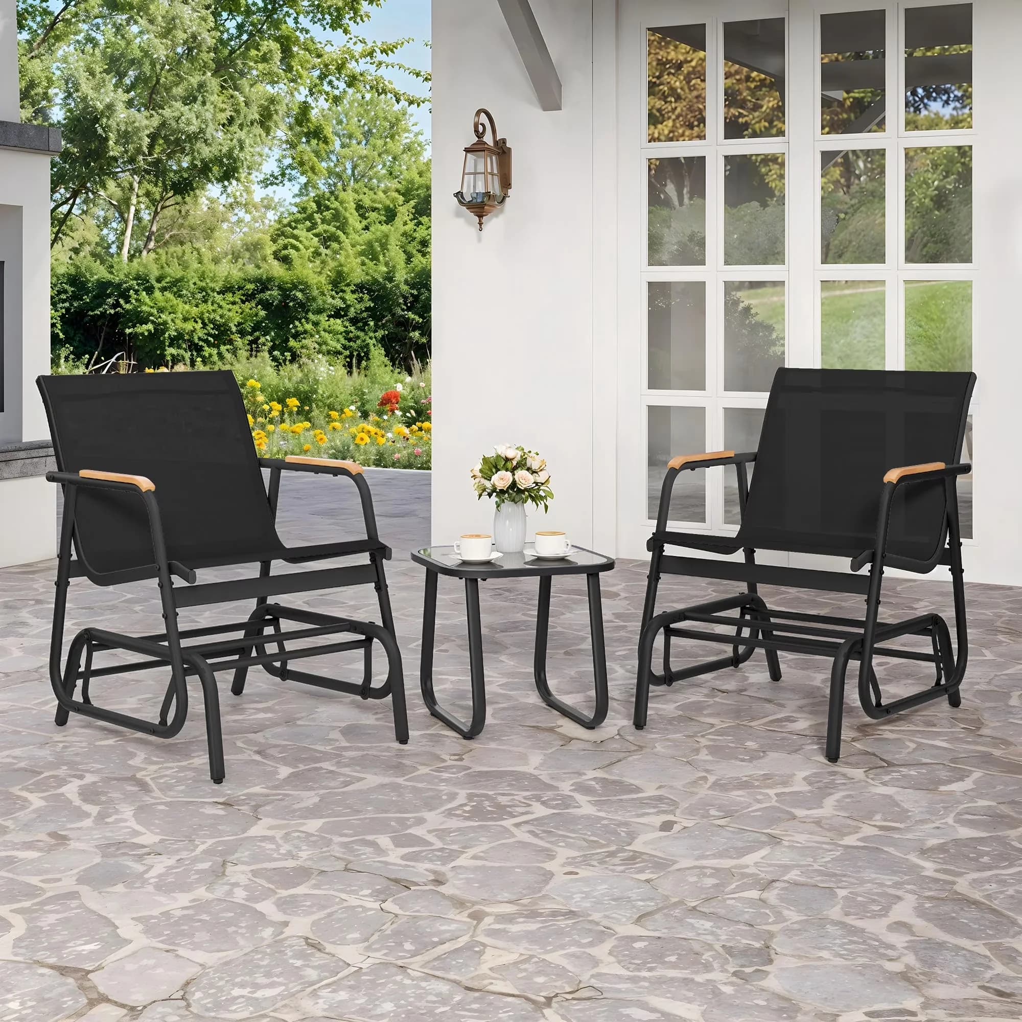 Compact Patio Dining Set with Outdoor Textilene Glider Chair, Black, Coffee Table - Textilene,Metal Model 0CFADD